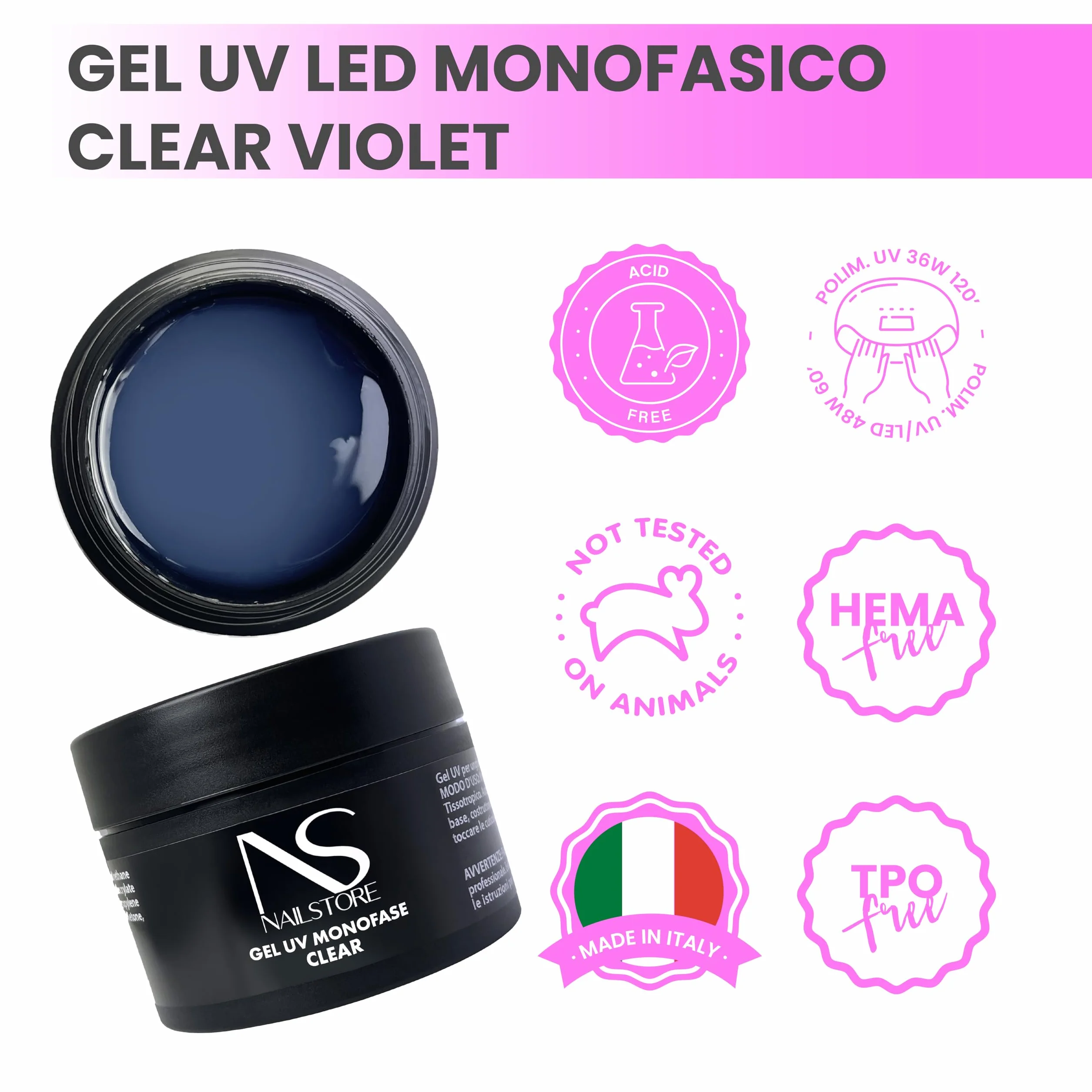 NAILSTORE - Gel UV Led Costruttore Monofasico Clear Violet Trasparente – evita l’ingiallimento unghie - media densità – autolivellante – adatto per ricostruzione unghie con cartine e per refill (30g)