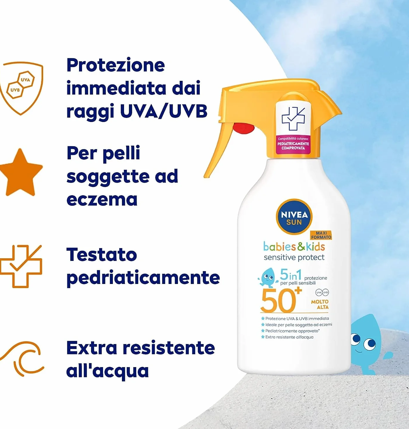 NIVEA SUN Kids Sensitive Protect & Play SPF 50+ 250 ml, Crema solare spray 50+ bambini e neonati dai 6 mesi in su, Crema solare bambini resistente all'acqua, Protezione per pelle sensibili e delicate