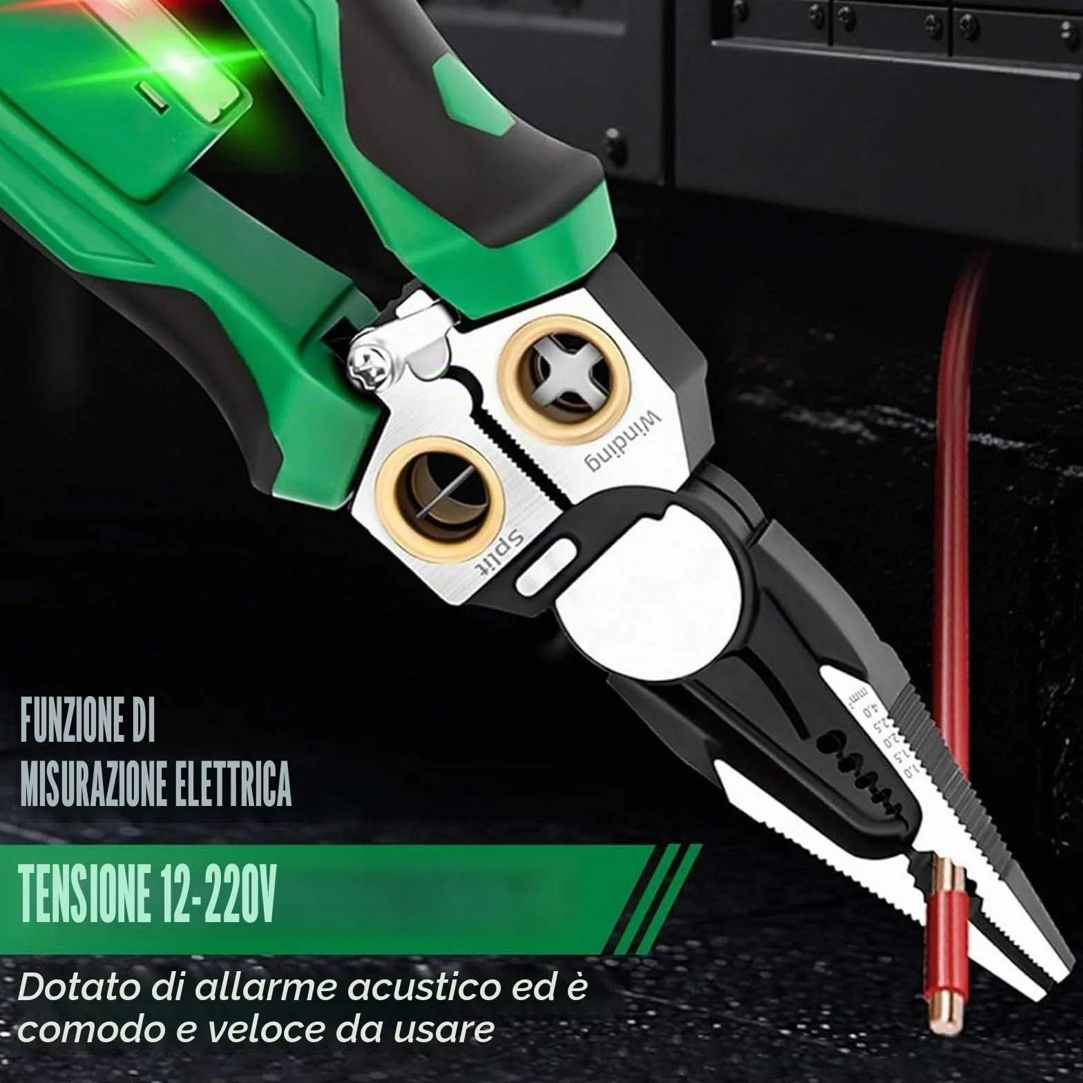 Pinza Spelafili 8 in 1 con Tester di Tensione, Utensile Elettricista Multifunzione per Tagliare, Crimpare, Tirare Cavi