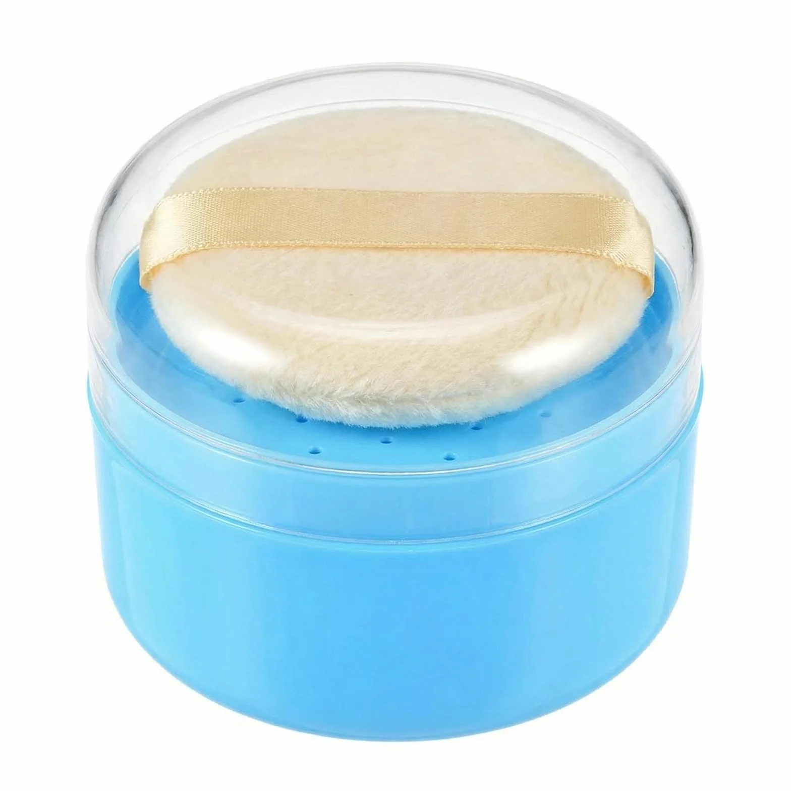 Contenitore in plastica per piumino da borotalco per bambini, portatile, ricaricabile, con colino e piumino per borotalco, colore: blu