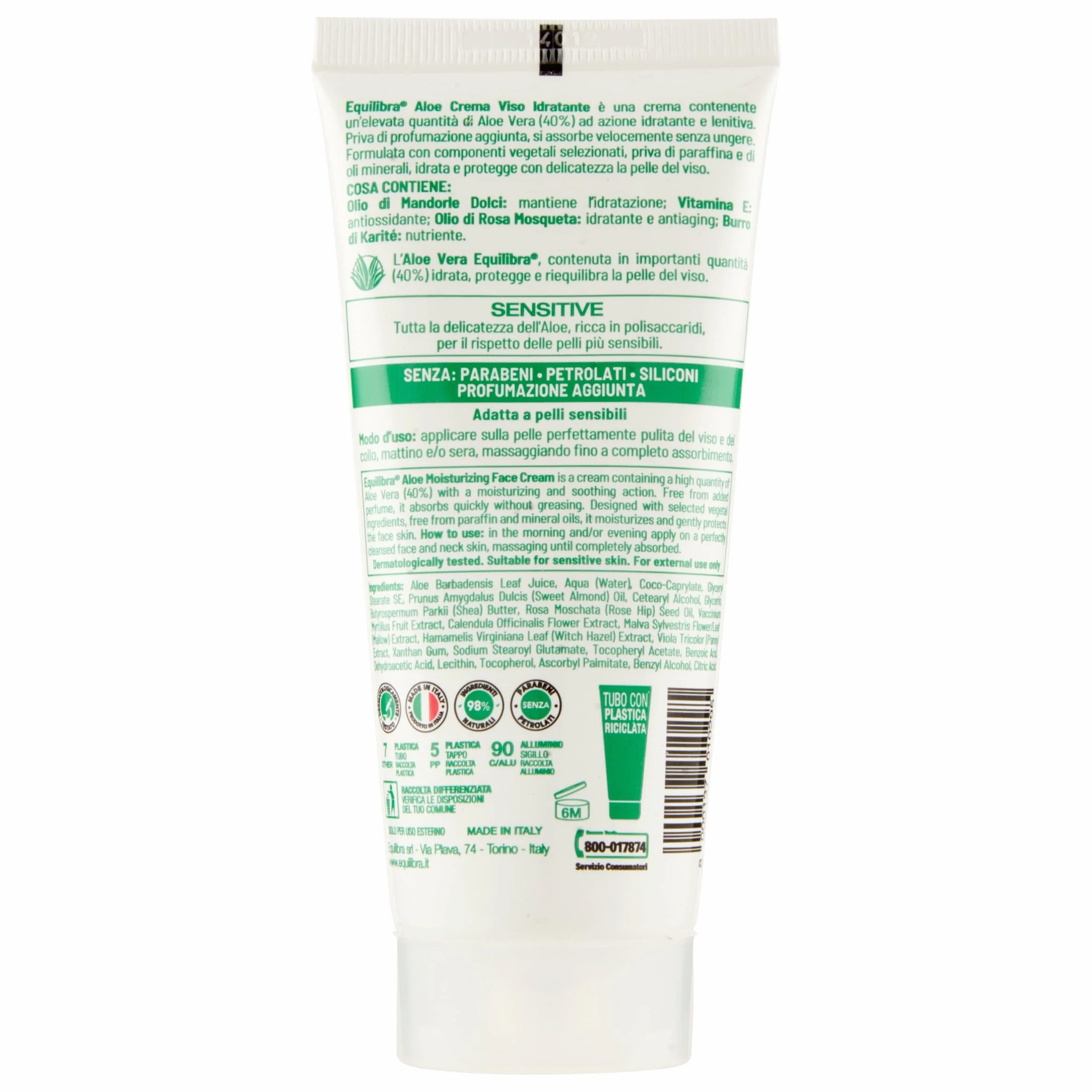 Equilibra Viso, Aloe Crema Viso, Crema Viso Idratante E Lenitiva A Base Di Aloe Vera Per Pelli Sensibili, Delicata, Protettiva, Si Assorbe Velocemente Senza Ungere, 75 Ml
