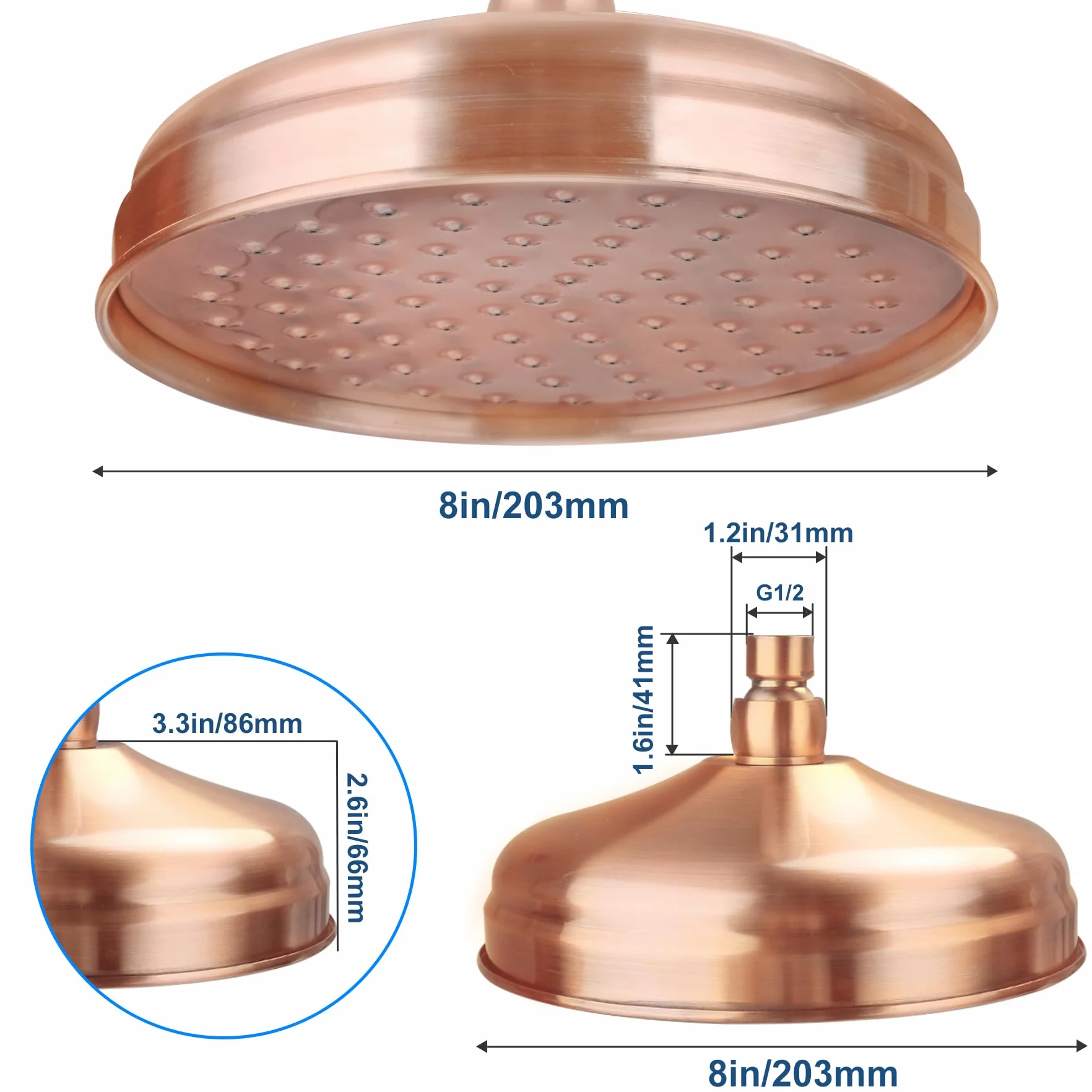Soffione Doccia Rotondo in Rame Antico Diametro 20 cm Ad Alta Pressione con Angolo Regolabile Anticalcare