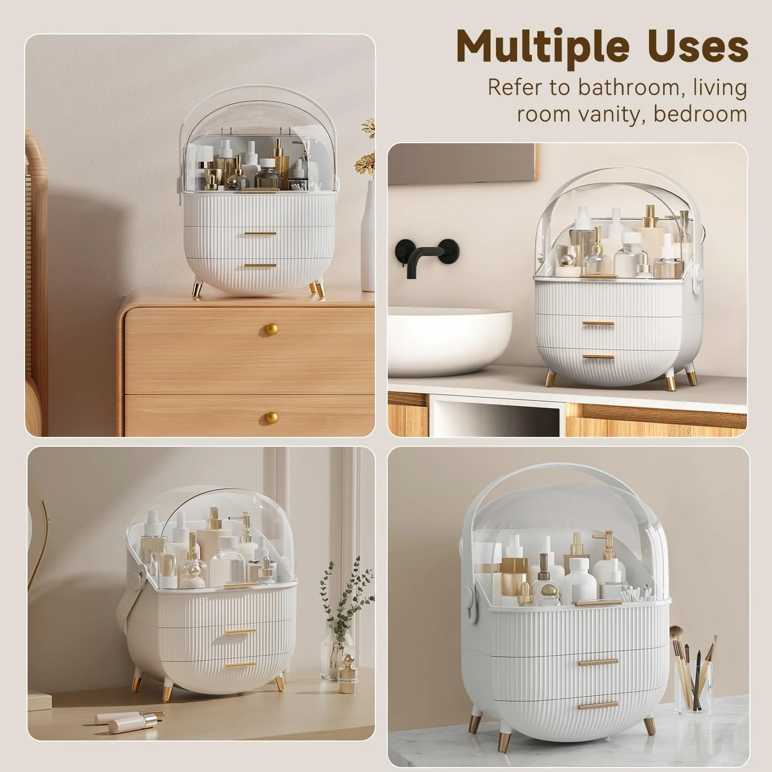BTGGG Organizzatori per trucchi, organizer per trucchi da tavolo, con cassetti e copertura trasparente, per camera da letto e bagno (bianco)