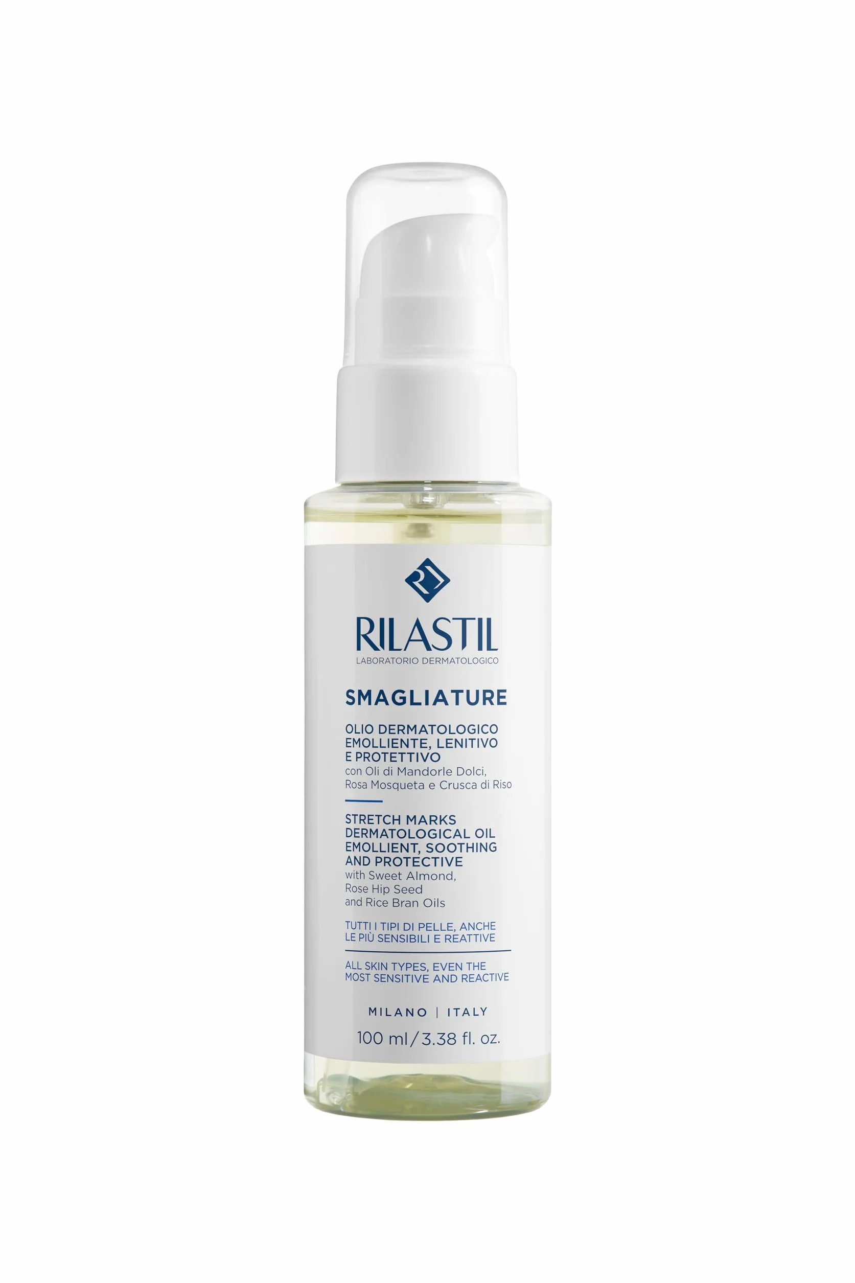 Rilastil Olio Smagliature, Emolliente, Lenitivo e Protettivo con Oli di Mandorle Dolci, Rosa Balsamina, Tutti i Tipi di Pelle, Confezione da 100ml