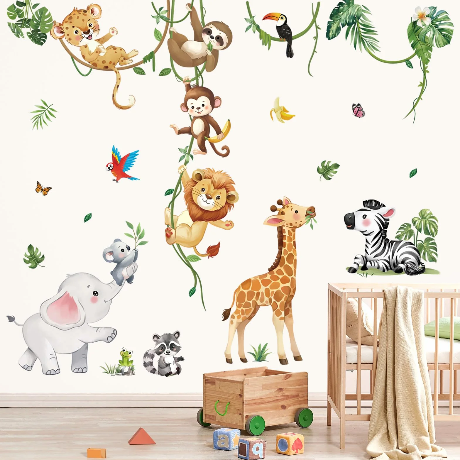 Adesivi Murali Animali della Giungla Giraffa Elefante Leone Safari Decorazione Murale per Camerette Bambini
