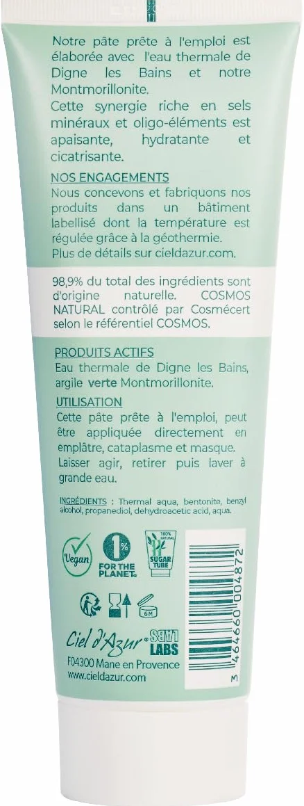 Ciel d'Azur Labs - Pasta di argilla verde con acqua termale - Pronta all'uso, ideale per cataplasma - Ricca di sali minerali e oligoelementi - Certificato naturale Cosmos Natural - Tubo 250 ml