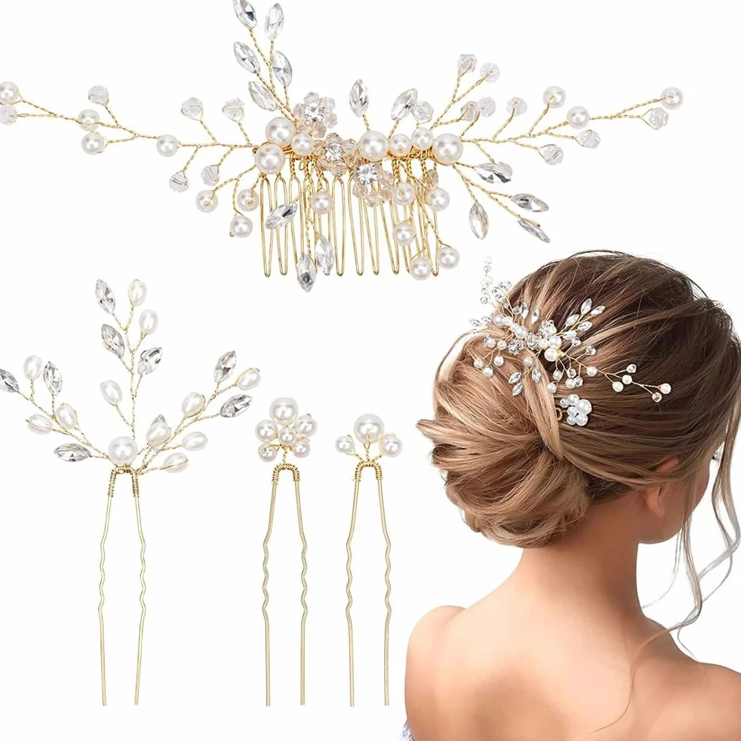 Accessori per Capelli Oro, 3 Pezzi Fermaglio Capelli Oro, Cristalli e Perle Pettine Sposa per Capelli, Accessori per Capelli Donna e Ragazze