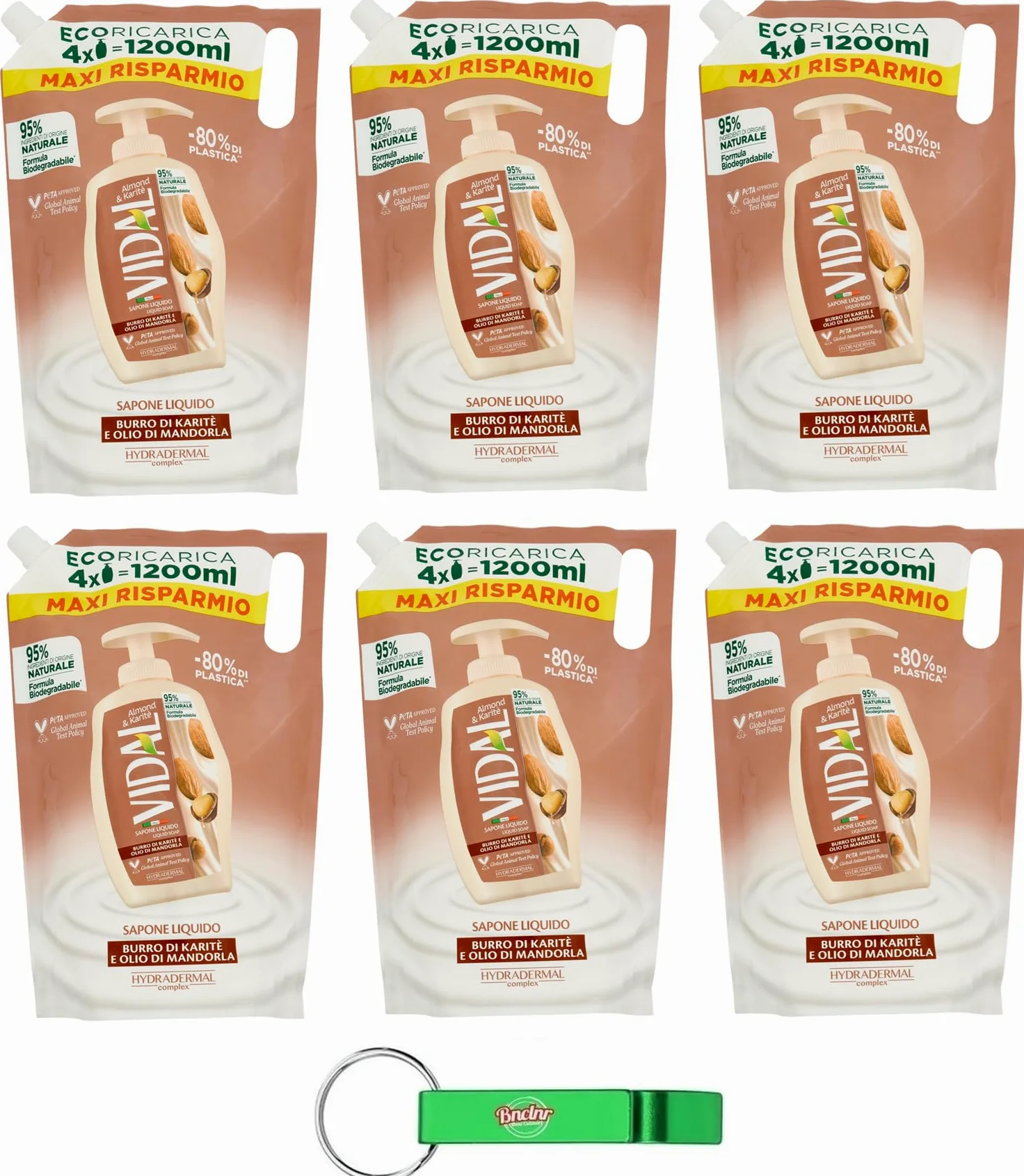 6 saponi liquidi Vidal Almond & Karitè Sapone, burro di karitè e olio di mandorle, sapone Eco Recharge da 1200 ml + portachiavi Beni Culinari