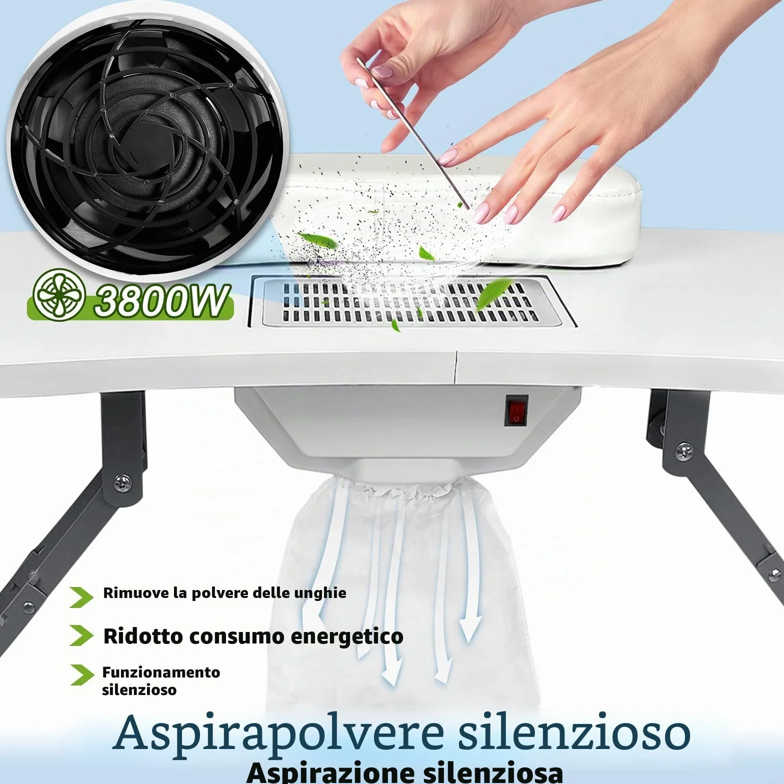 LZQ Tavolo per unghie con aspirazione, tavolo da manicure pieghevole con aspirapolvere per unghie, 90 x 37 x 77 cm, bianco