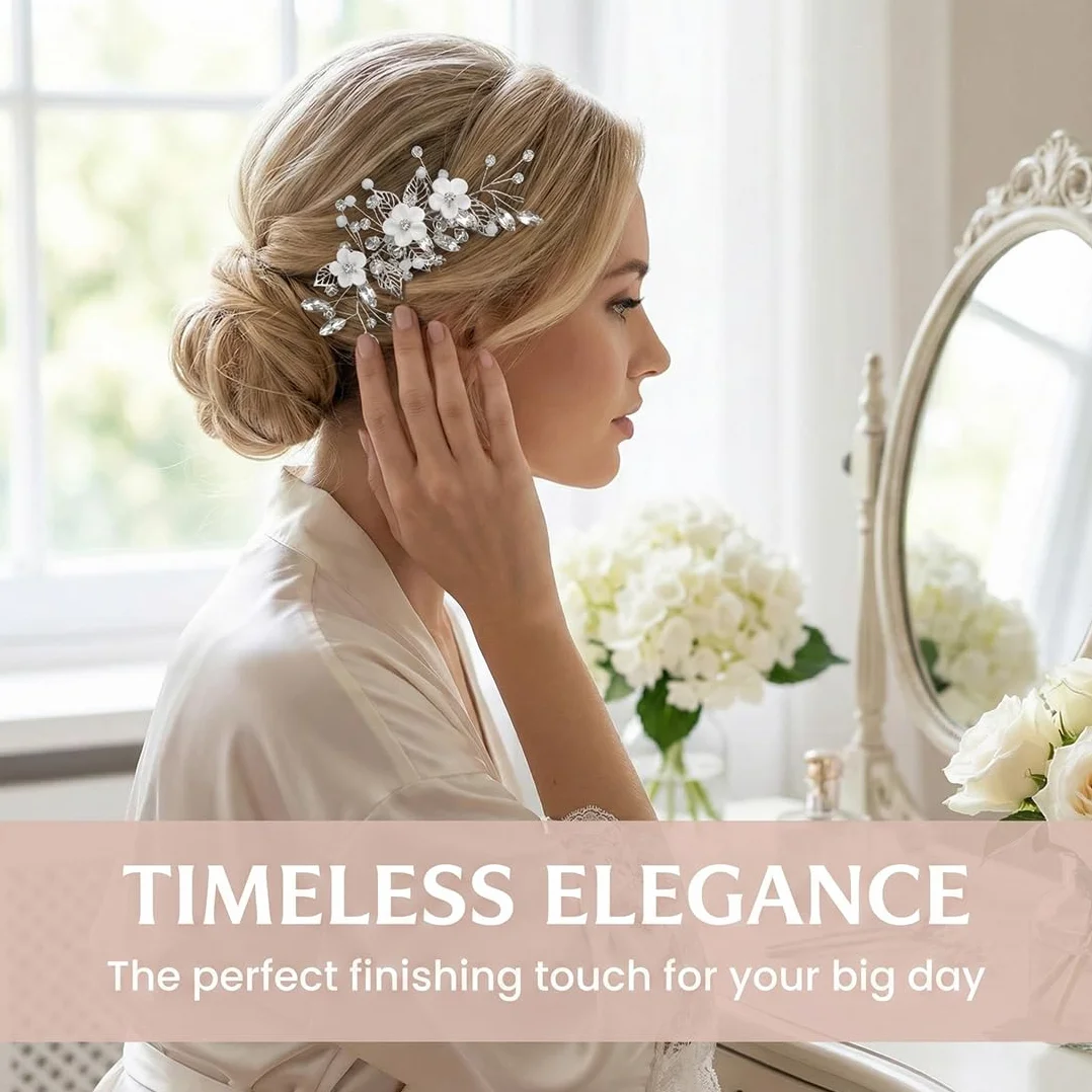Pettinino per Sposa con Rami Fioriti, Accessori Capelli Eleganti per Cerimonia, Fermacapelli Decorativi per Donne & Ragazze (Argento)