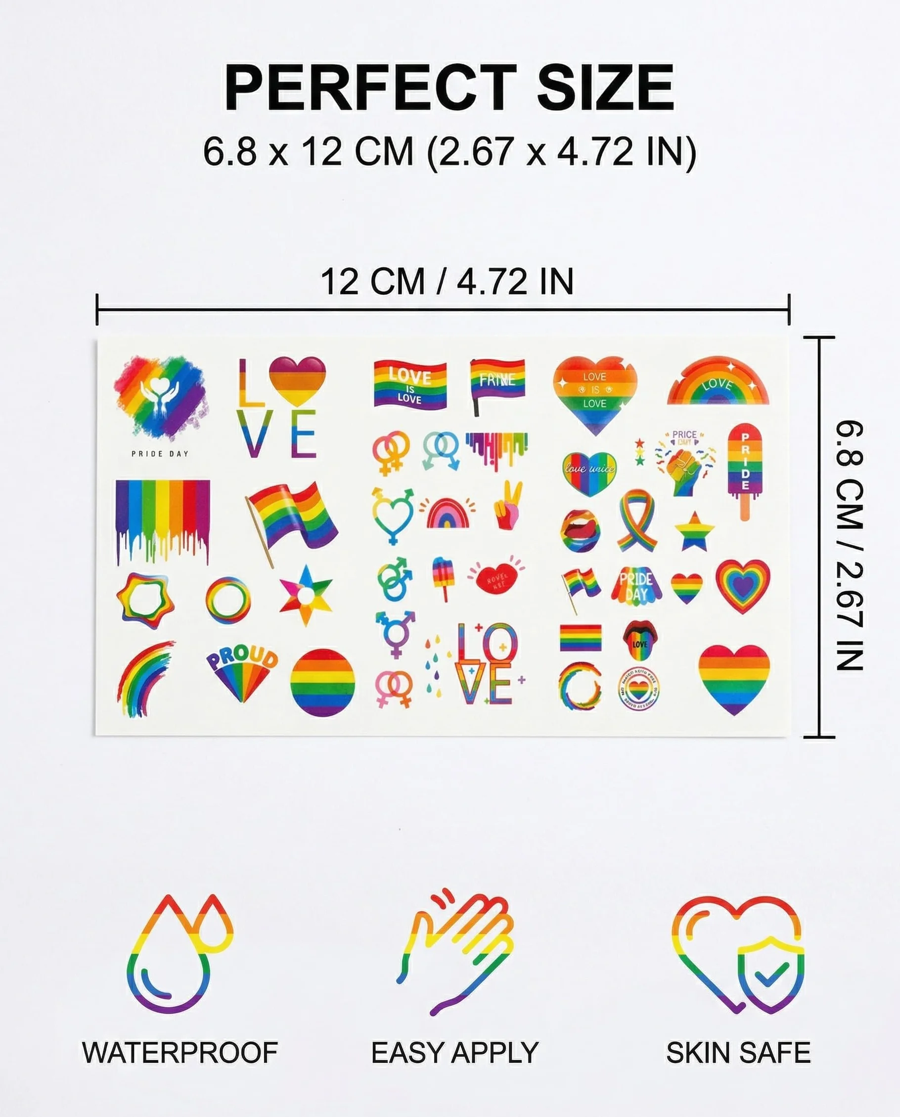 Tatuaggi Temporanei Arcobaleno 10 Fogli | Pride Impermeabili Lunga Durata per Parate, Festival, Feste LGBT | Viso, Corpo, Uomini, Donne, Bambini