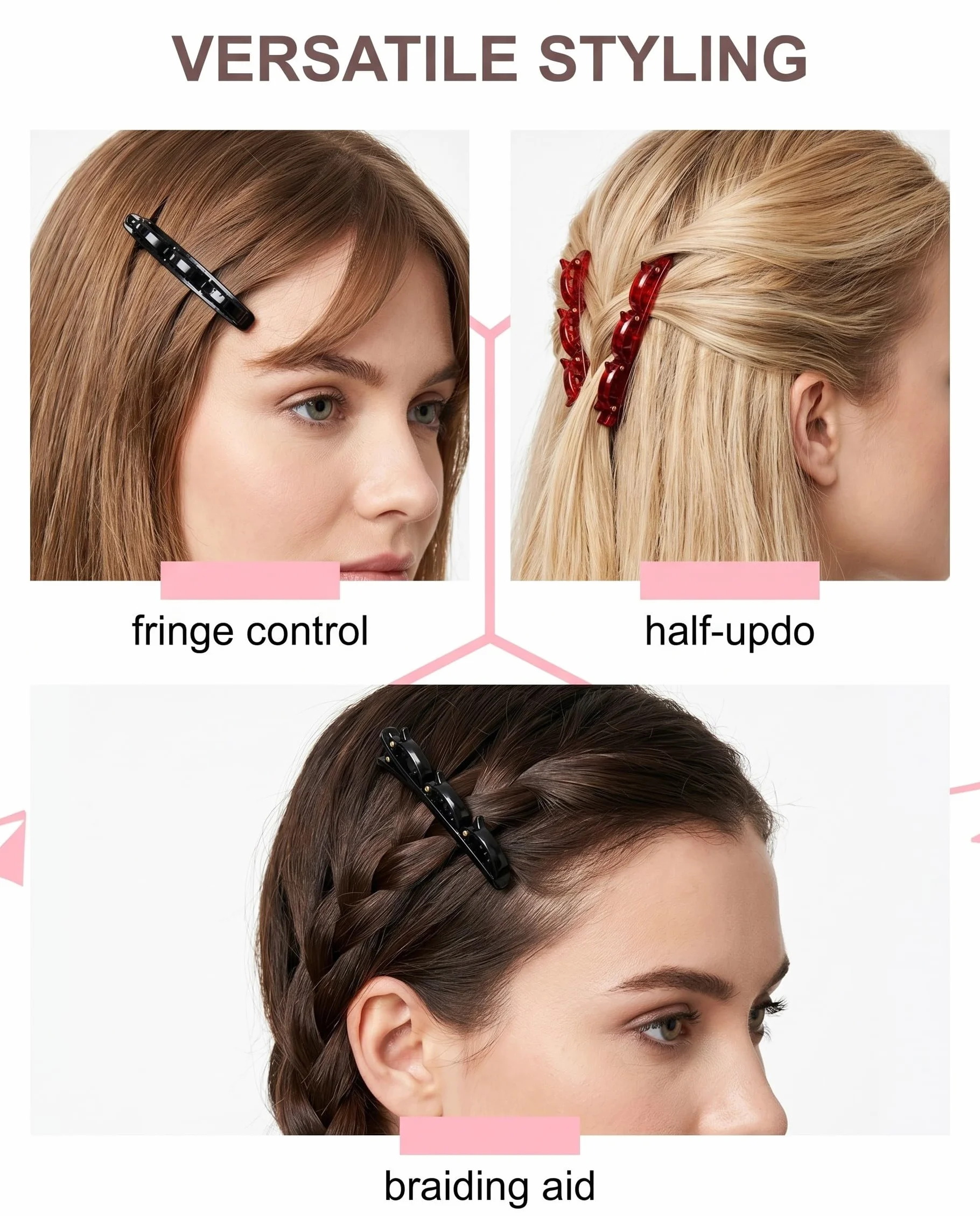 Set 4pz Cerchietto con Clip Doppia Strato & Elastici per Capelli. Fermagli Antiscivolo per Frangia, Aiuto Trecce, Stili Donna.