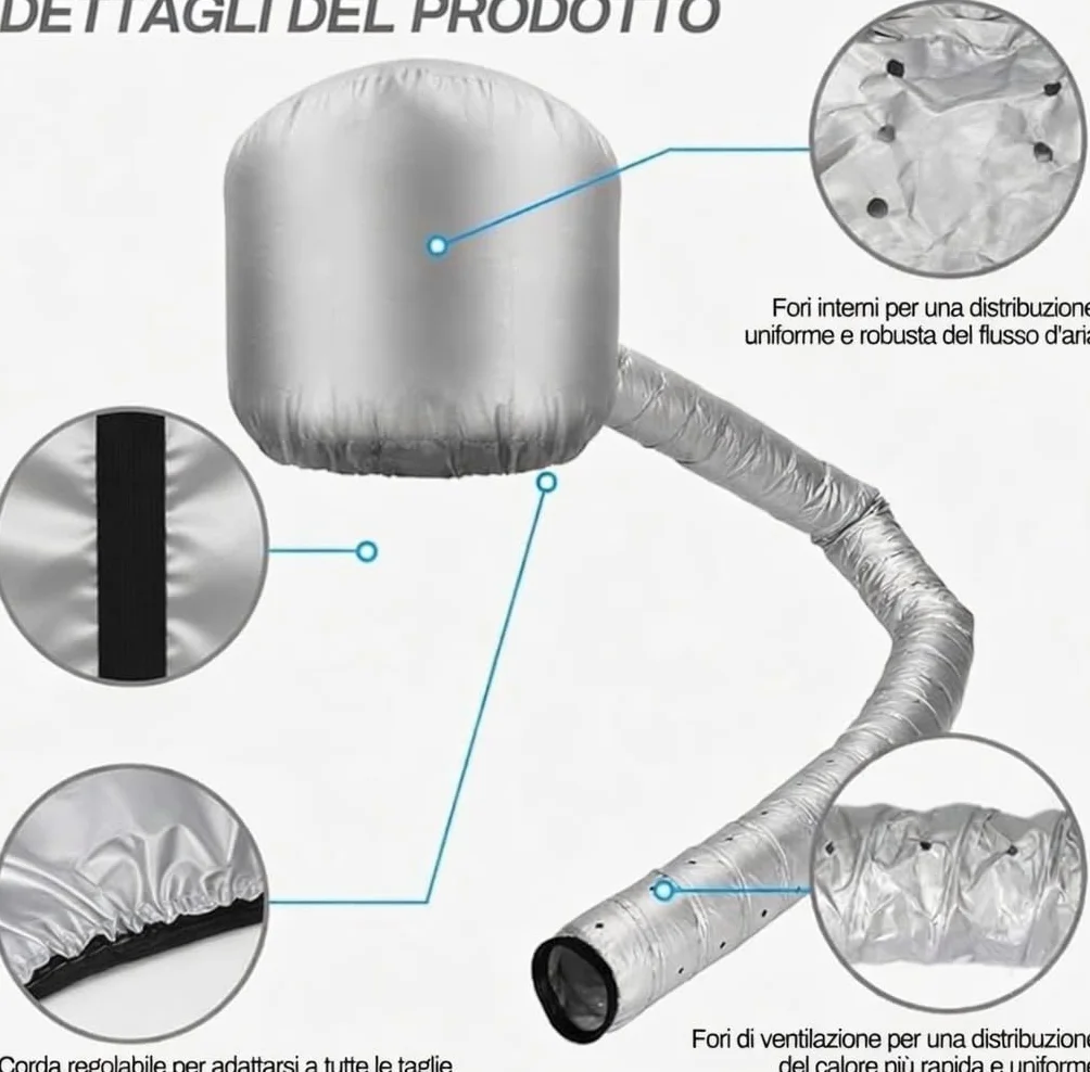 Casco per asciugatura cuffia asciugacapelli elastico attacco a phon grigio portatile professionale capelli ricci