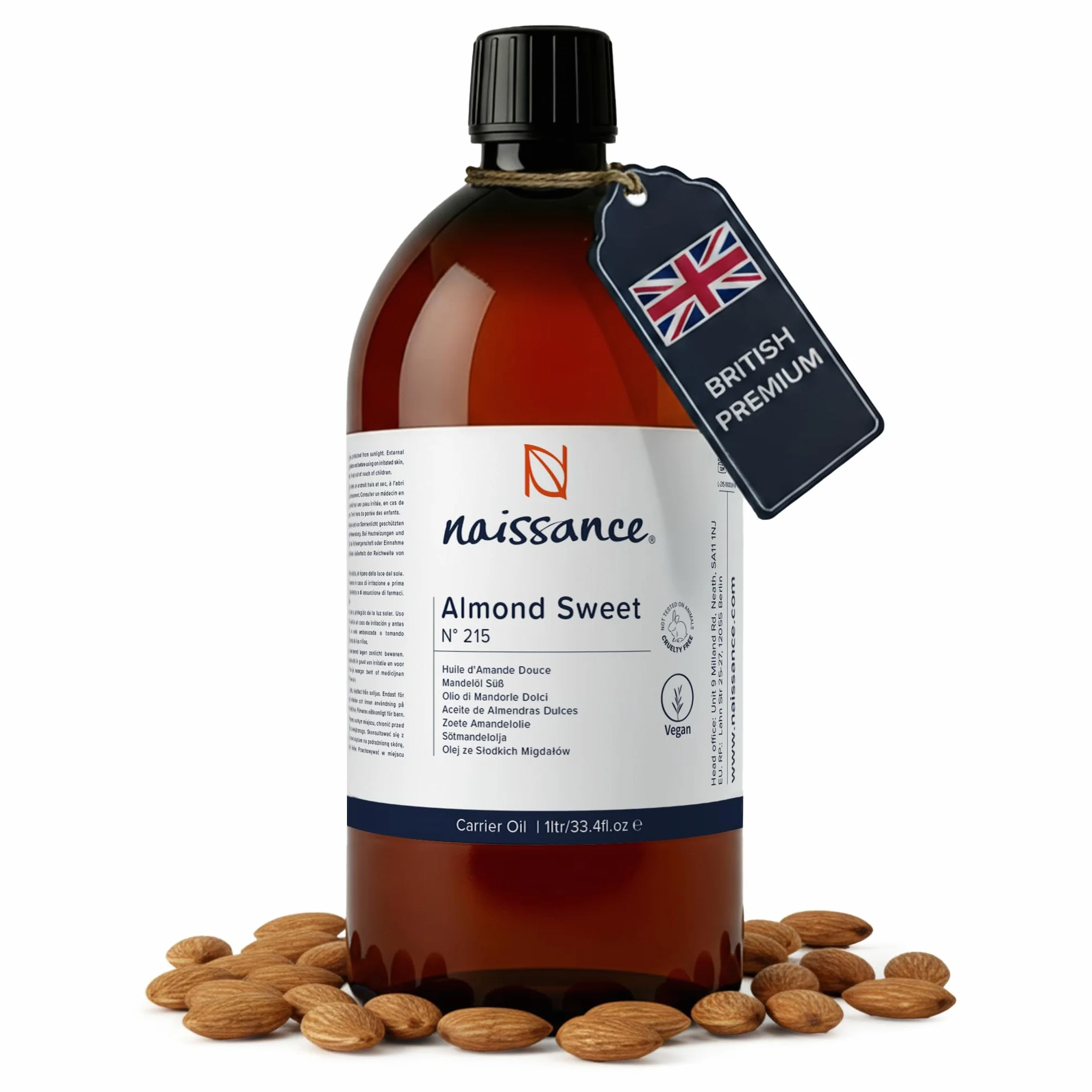 Naissance Olio di Mandorle Dolci Naturale (No. 215) - 1 Litro - Vegan, senza OGM - Ideale per l’Aromaterapia, Massagio - Idratante Per Corpo, Viso, Labbra, Capelli, Pelle, Barba e Cuticole