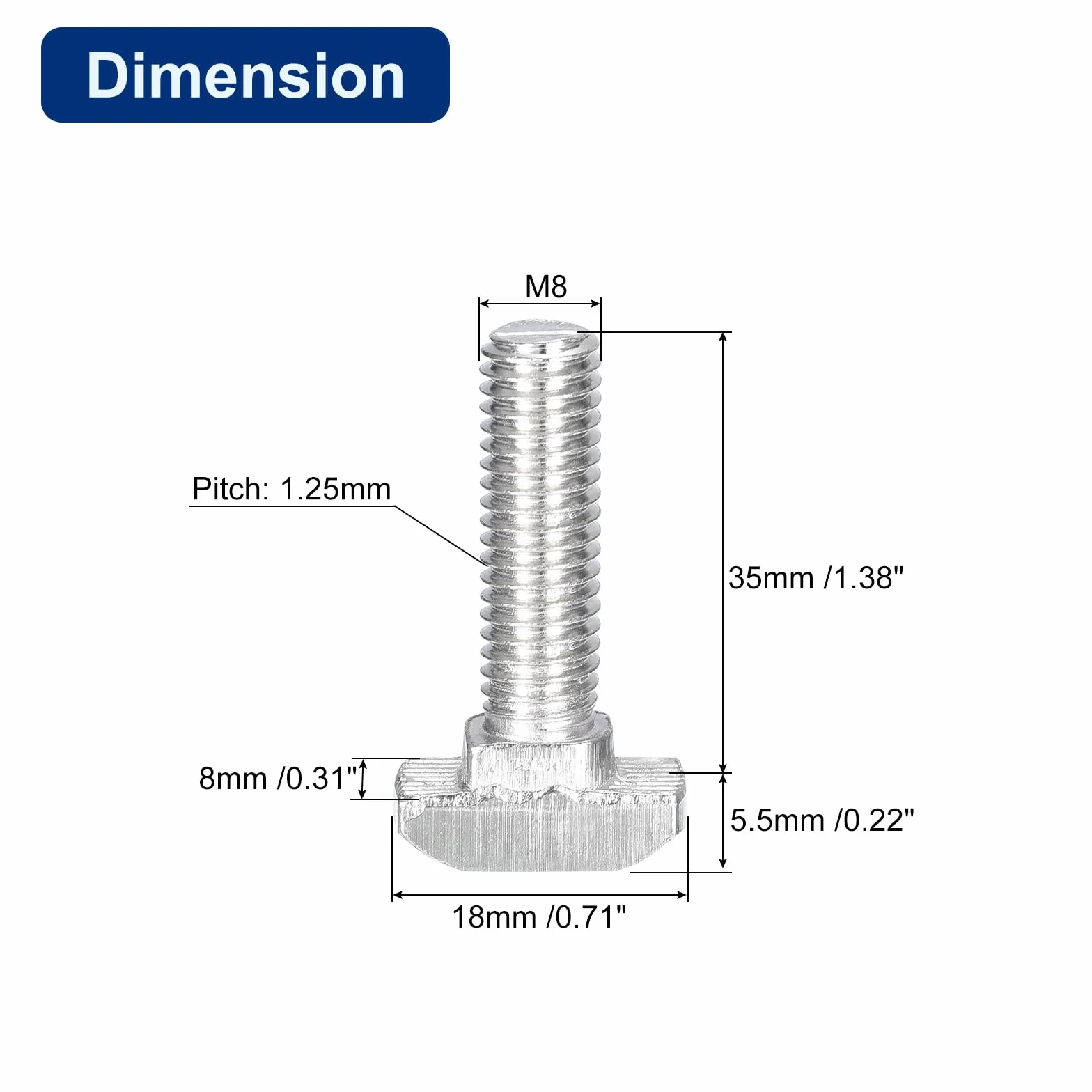 Bulloni a T-Slot M8 x 35mm Vite a T Testa a Martello per Profilo Estruso Alluminio 4040 Serie, Acciaio Inossidabile 304