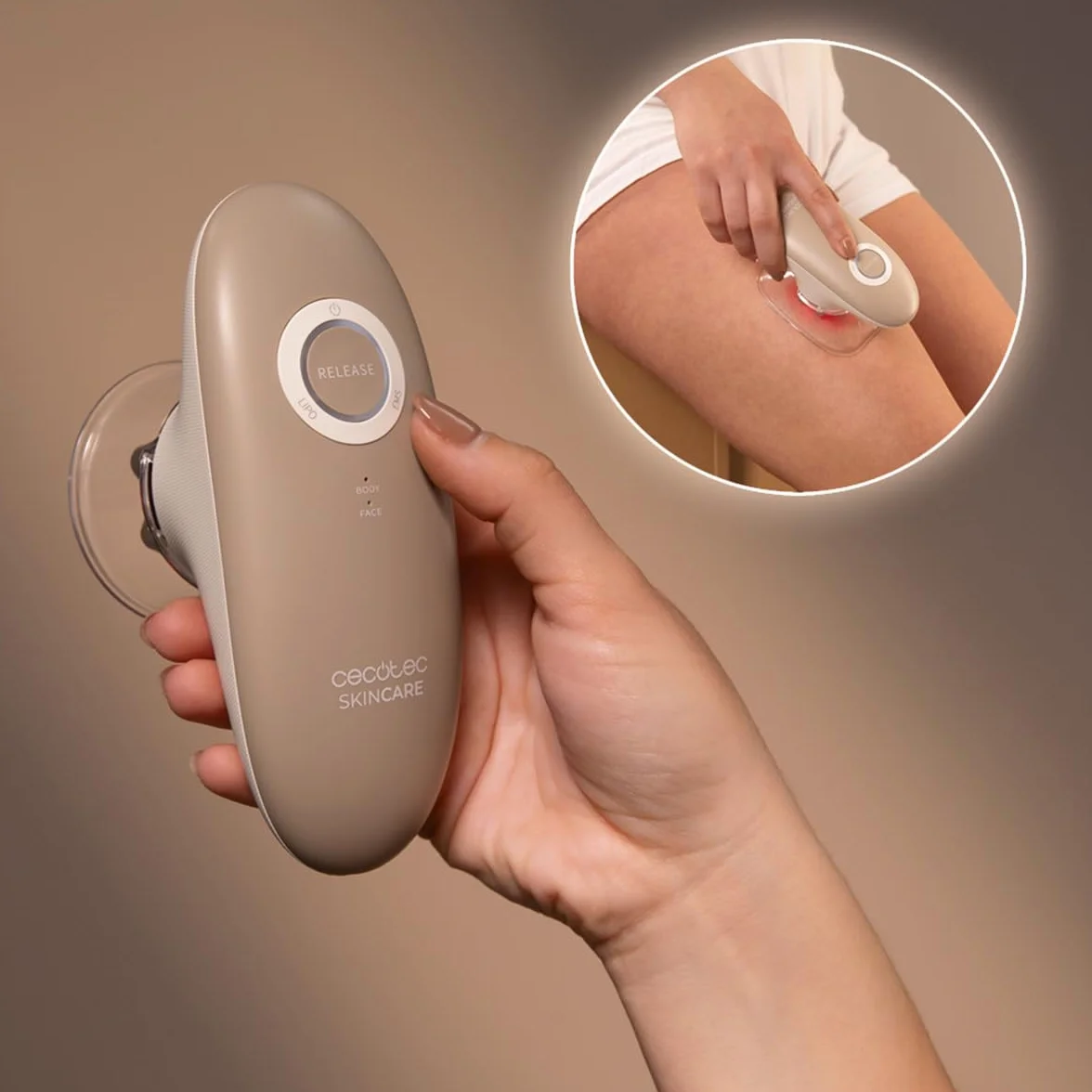Cecotec Massaggiatore Anticellulite SkinCare Push Up Suction. 3 Modalità: EMS, Corpo e Viso, Funzione Aspirazione, Luce Rossa, 2 Testine, 3 Intensità, 60 Min, Pelle Tonica, Effetto Lifting Immediato