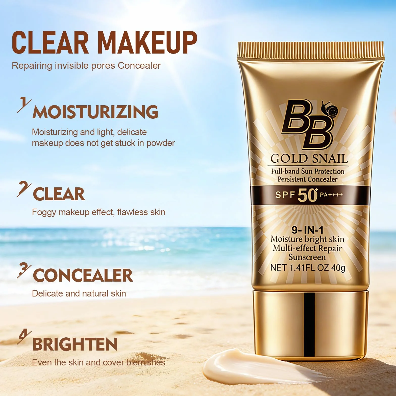 BB Cream Viso SPF 50,Crema Colorata Naturale Con Bava Di Lumaca,Alta Coprenza E Idratazione 24h,Effetto Anti-Lucidità,Fondotinta Compatto Con Protezione Solare,40g,01# Naturale