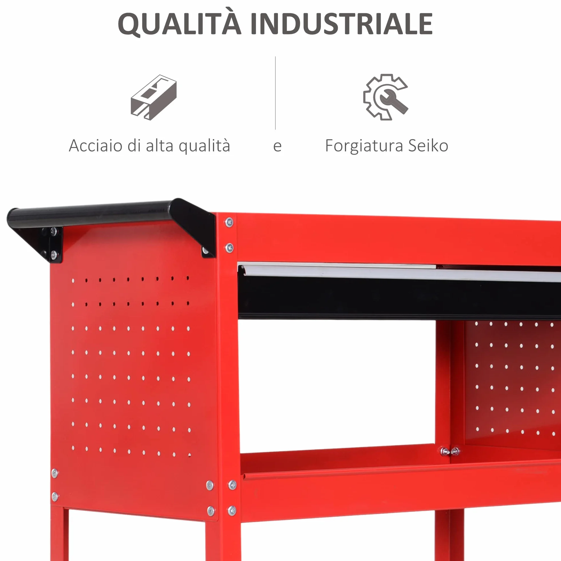 DURHAND Carrello Porta Attrezzi con Cassetto e 3 Ripiani, 4 Ruote, Lamiera di Acciaio, 82x35x76 cm, Rosso