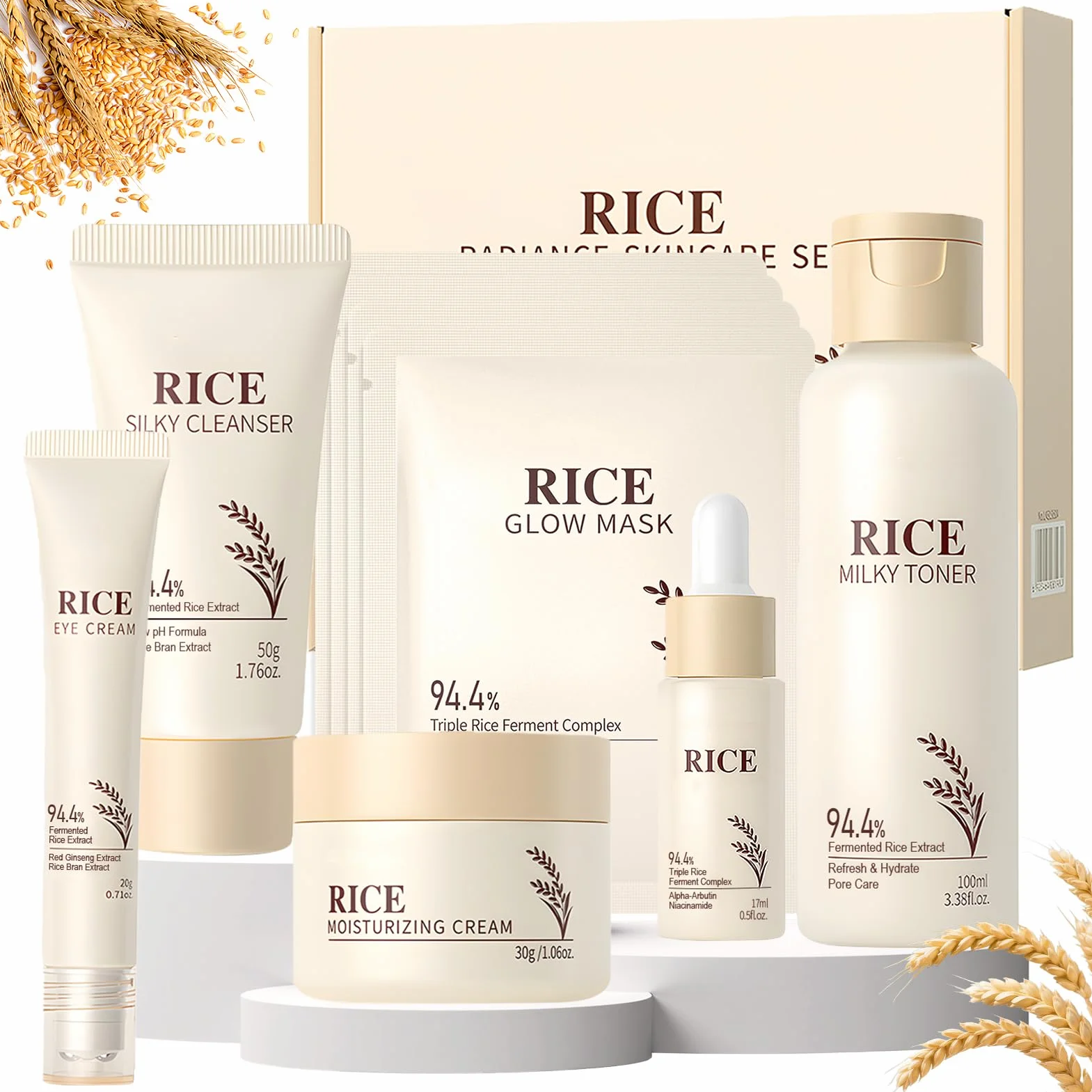 9 Pezzi Riso Kit Skincare Viso Completo, Skincare Coreana Kit, Set skincare viso Completo con Detergente viso, Maschera Coreana, Rice Toner, Crema Visos, Contorno Occhi, Siero Visos