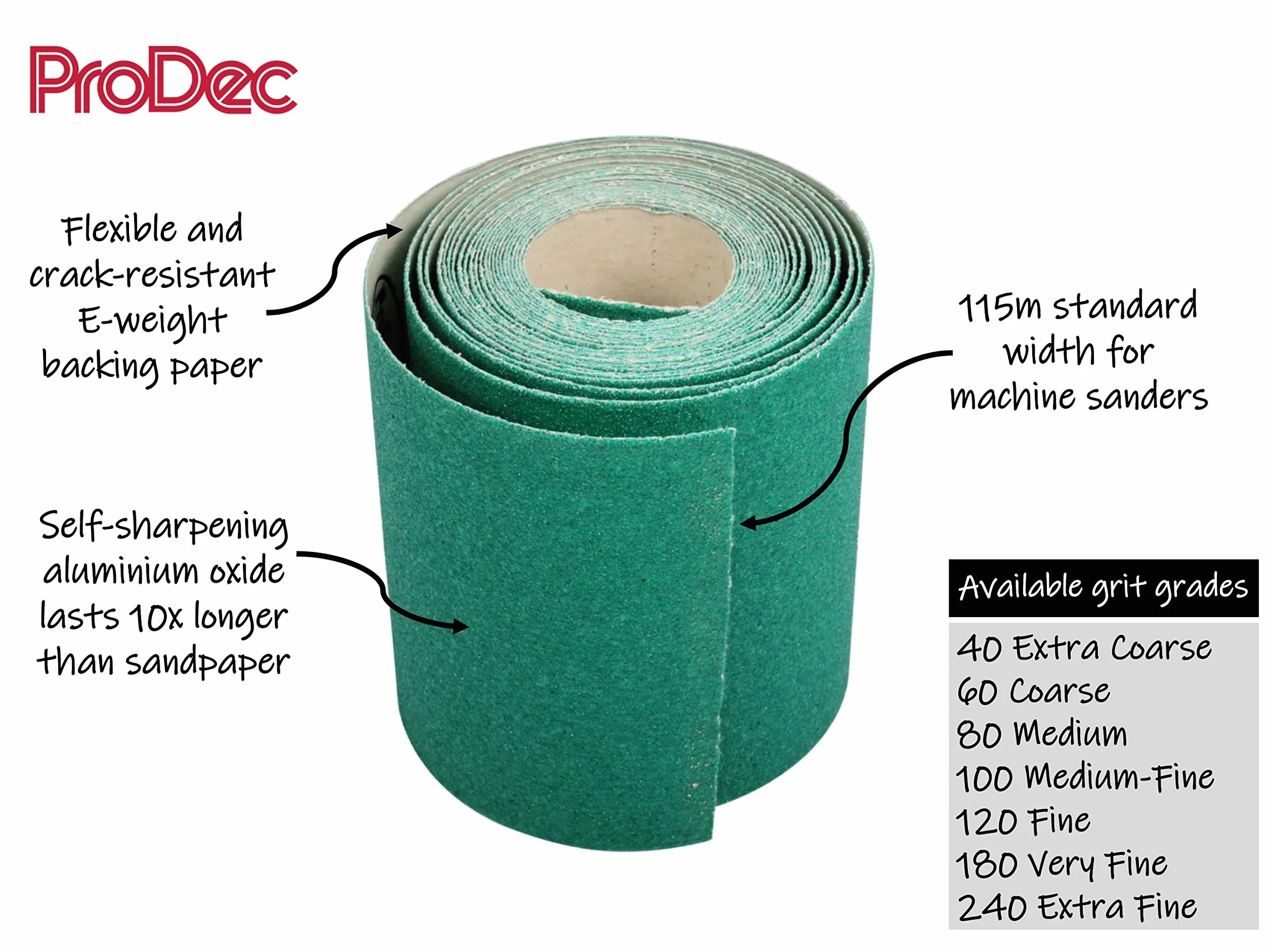 ProDec Carta Abrasiva Verde 120 Grit 5m x 115mm Ossido di Alluminio per Levigatura Legno Vernice Metallo