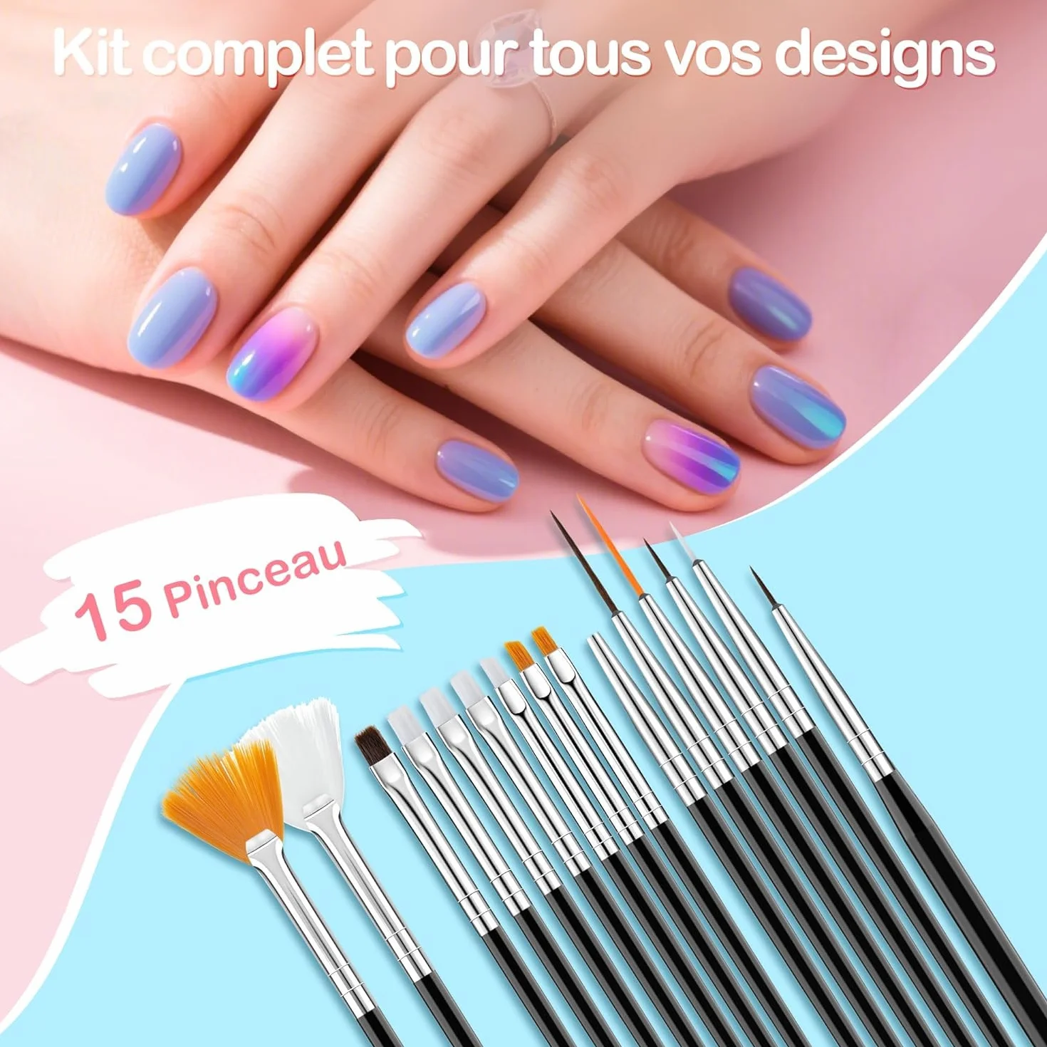 15 pennelli per nail art, pennello per unghie, gel con strumento per unghie, pennello gel UV, per costruzione, pennello in acrilico, pennello per nail art, per fai da te, disegni, colore: nero
