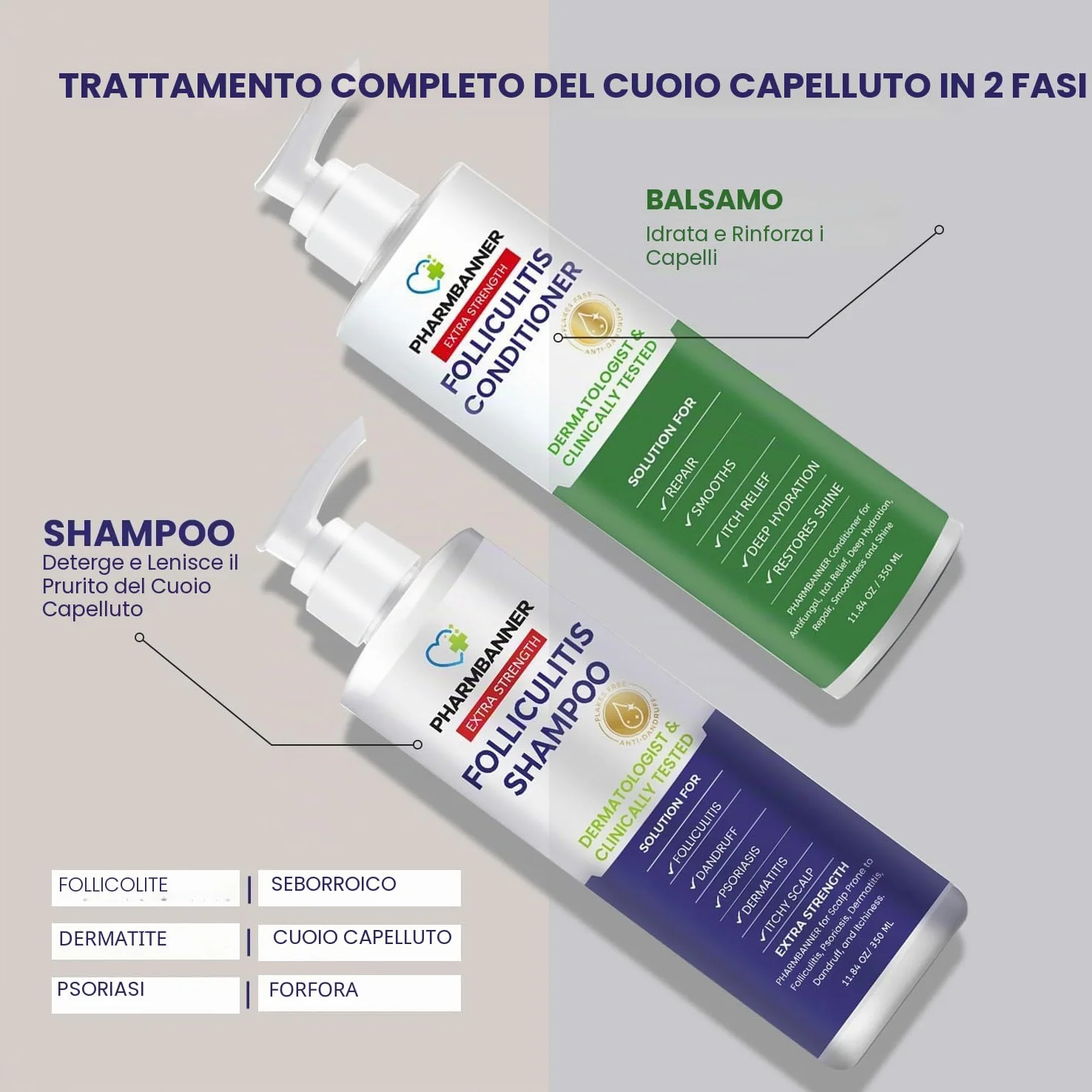 PHARMBANNER Kit shampoo e balsamo per la cura del cuoio capelluto con olio dell'albero del tè e olio di argan, cura quotidiana per cuoio capelluto secco e squamoso e depositi