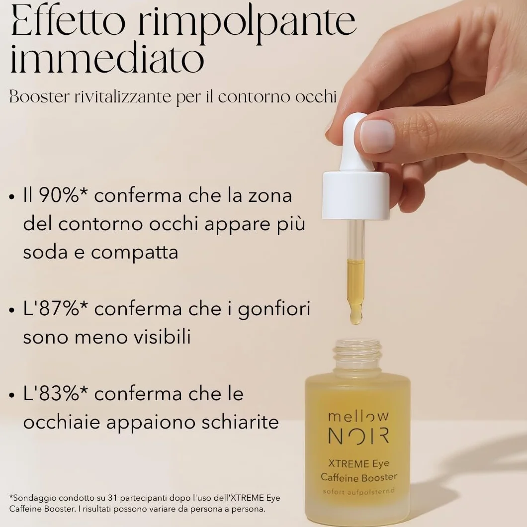 mellow NOIR XTREME Eye Caffeine Booster 15ml - EFFETTO RIMPOLPANTE IMMEDIATO – Siero contorno occhi alla caffeina per occhi stanchi e gonfi – combatte occhiaie e borse – Vegano – Cosmetici naturale
