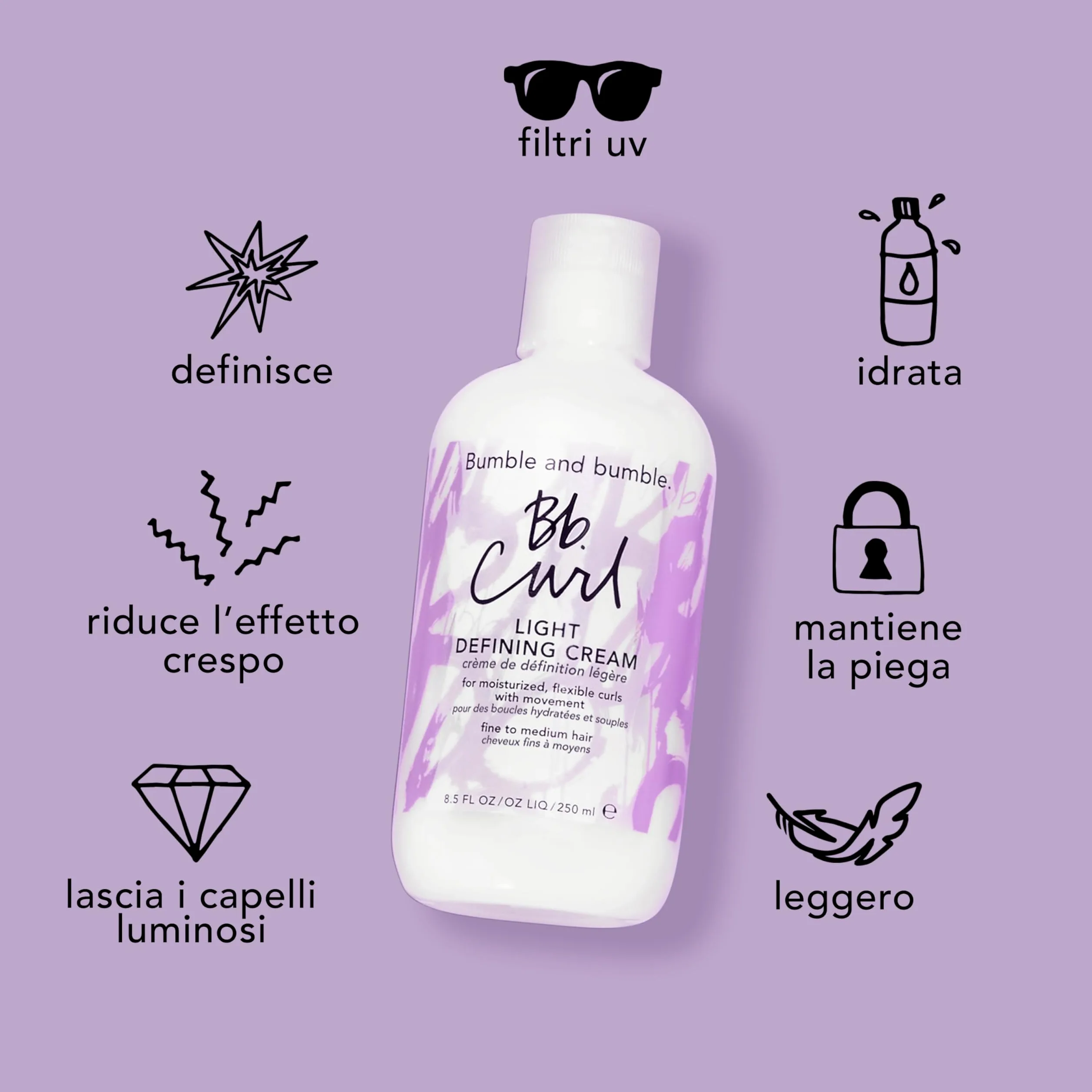 Bumble and bumble. Curl Light Defining Styling Cream 250 ml | Crema modellante idratante - Anti-crespo - Capelli ricci, mossi - Con olio di jojoba, olio di avocado + olio di cocco