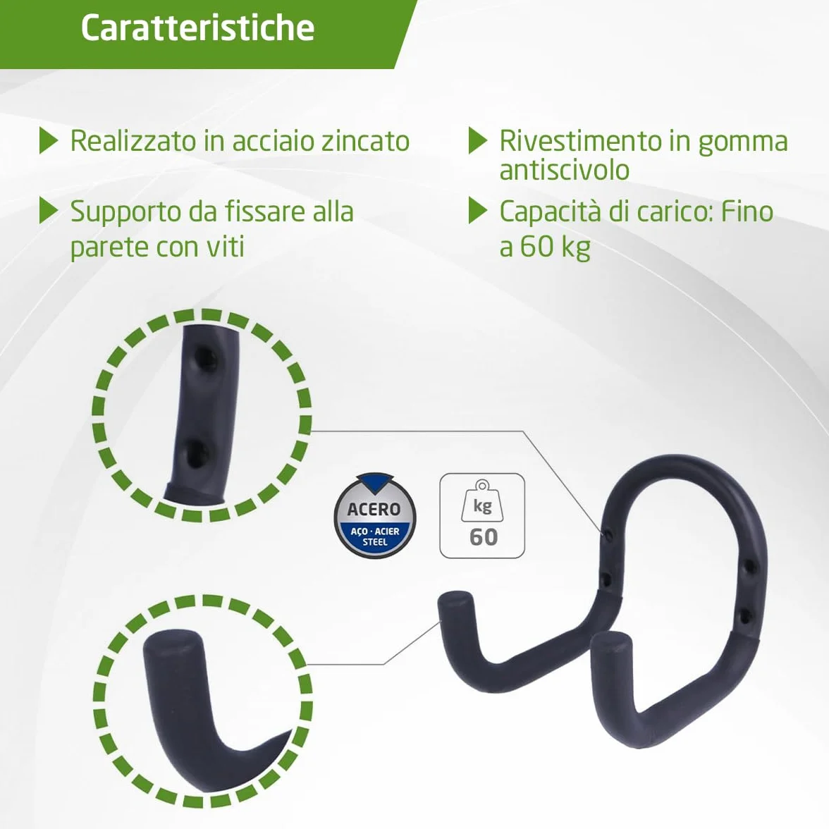 Amig Ganci Appendere Strumenti Supporto Parete Acciaio Zincato Rivestimento Gomma Antiscivolo Capacità Carico 60kg