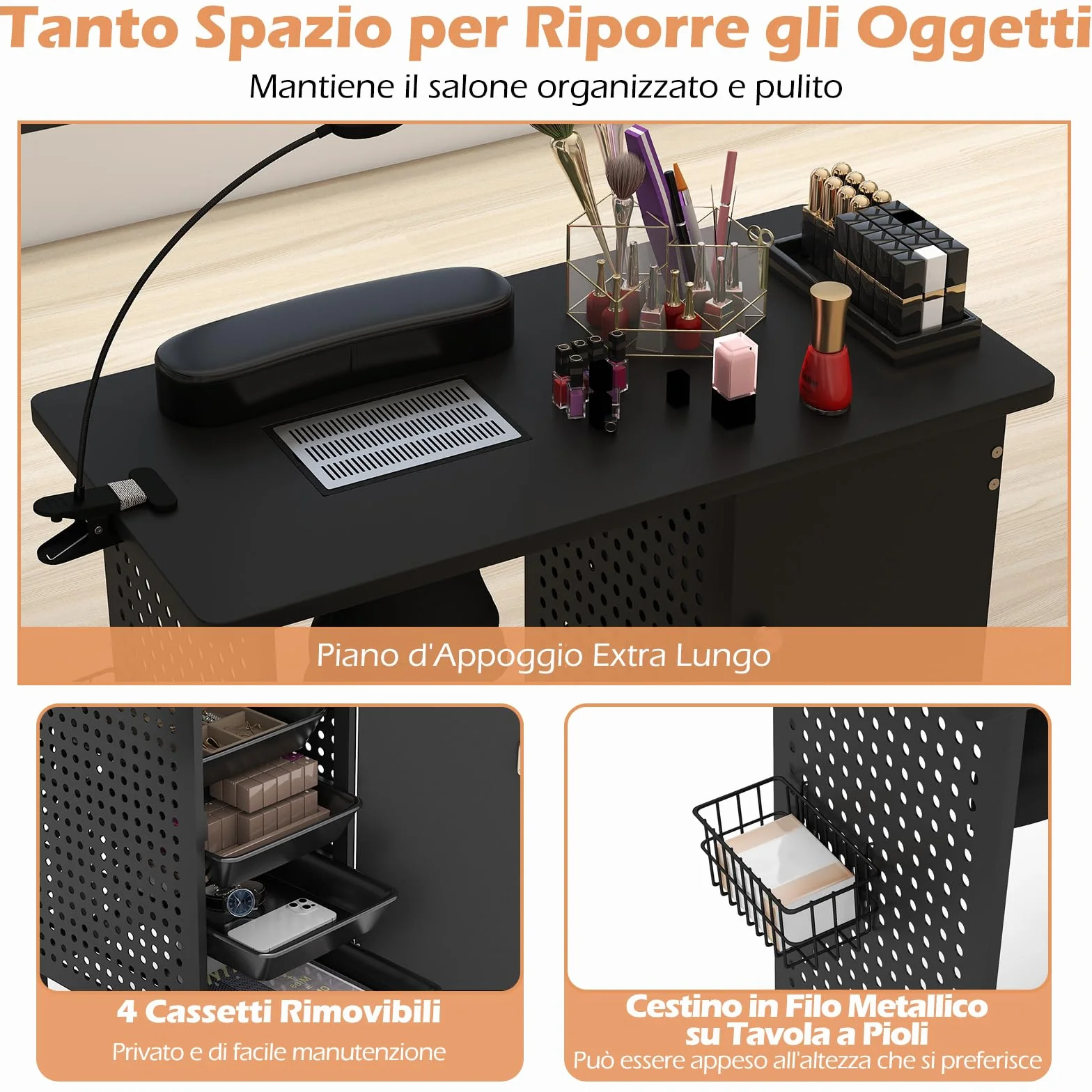 COSTWAY Tavolo Manicure con Aspiratore, Tavolo per Unghie con 6 Ruote Bloccabili, Sacchetti per Polvere, Armadio Chiudibile con 4 Vassoi, Poggiapolsi, Lampada LED e Cestino Metallico, 90x79x45cm