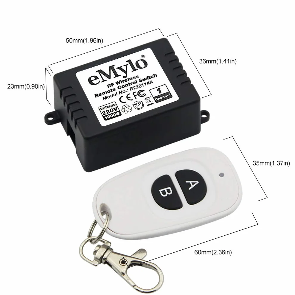 eMylo Smart Wireless Remote Switch 220V 1000V 433MHz 1 Canale con Due Trasmettitori
