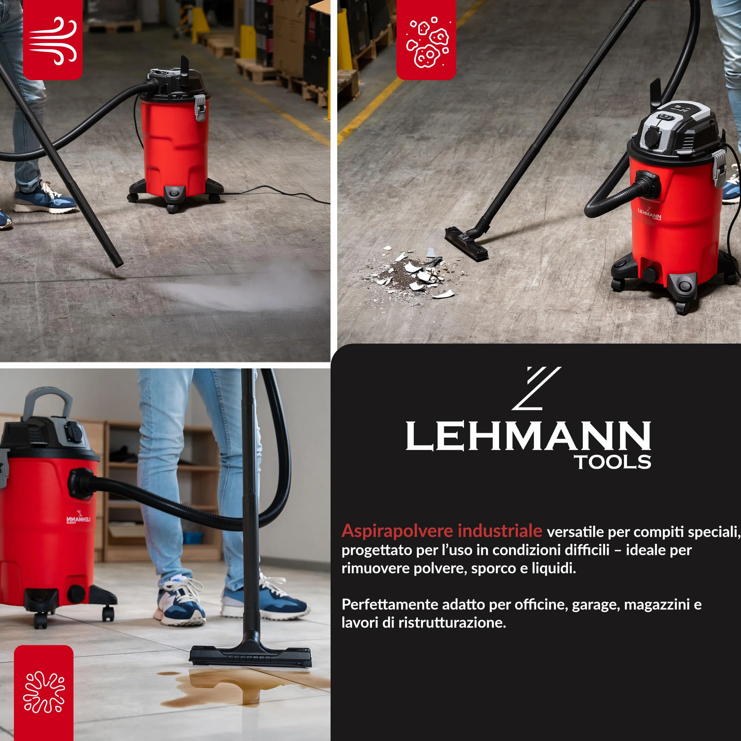 LEHMANN Aspirapolvere Industriale 30 L Aspira Solidi e Liquidi HEPA Soffiaggio