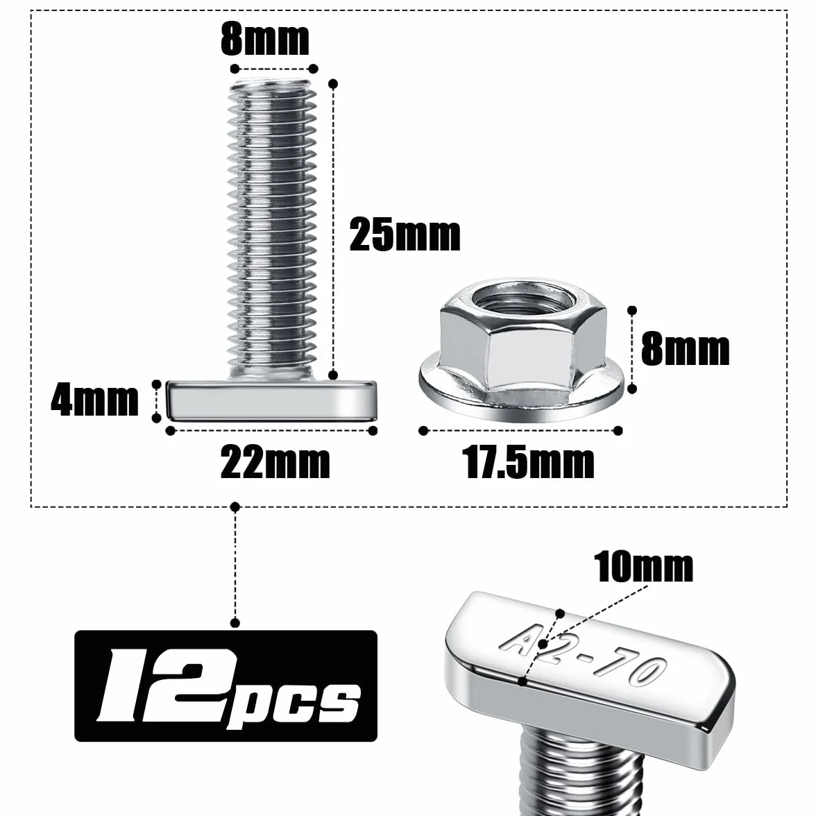 Viti a martello M8x25 acciaio inox A2-70, 12 pezzi con dadi bloccaggio per guide solari PV