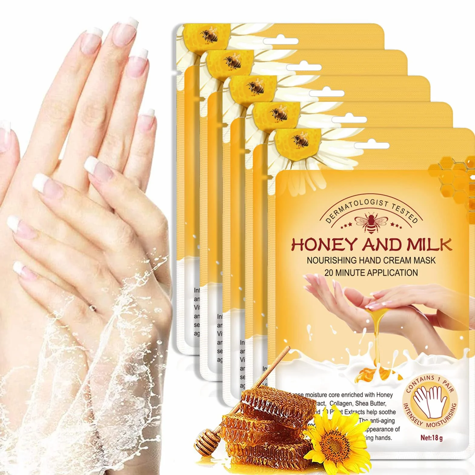 Maschera Per Le Mani Guanti, 5 Paia Maschera Idratanti Per Mani Esfoliante al Miele con Estratti Vegetali Naturali, Collagene, Sbiancanti e Antietà, Riparazione Della Pelle Ruvida (Miele e latte)