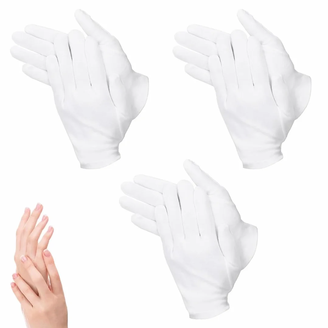 3 Paia Guanti in 100% Cotone per Cosmetici e Creme Idratanti, Ideali per Mani Secche ed Eczema, per Creme di Bellezza, per Manipolare Monete Gioielli Argento (Bianco)