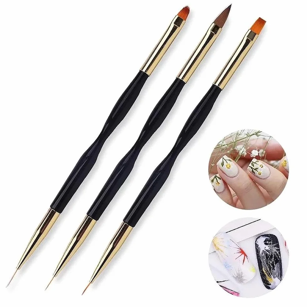 1 Set 3 Pennelli Arte Unghie Doppio Testa, Pennello Dettagli Professionale per Acrilico, Smalto Gel, Design Unghie Fai da Te, Strumenti Manicure