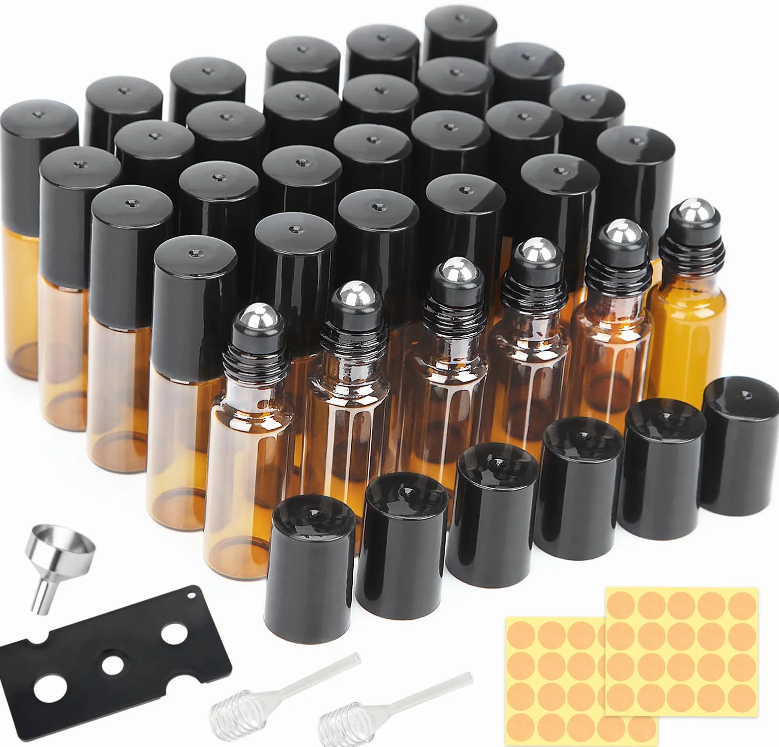 DKBT 32 bottiglie vuote rollon da 5 ml, per olio essenziale, colore marrone, per oli con rullo in acciaio inox, per oli essenziali, lozioni, profumi, massaggi