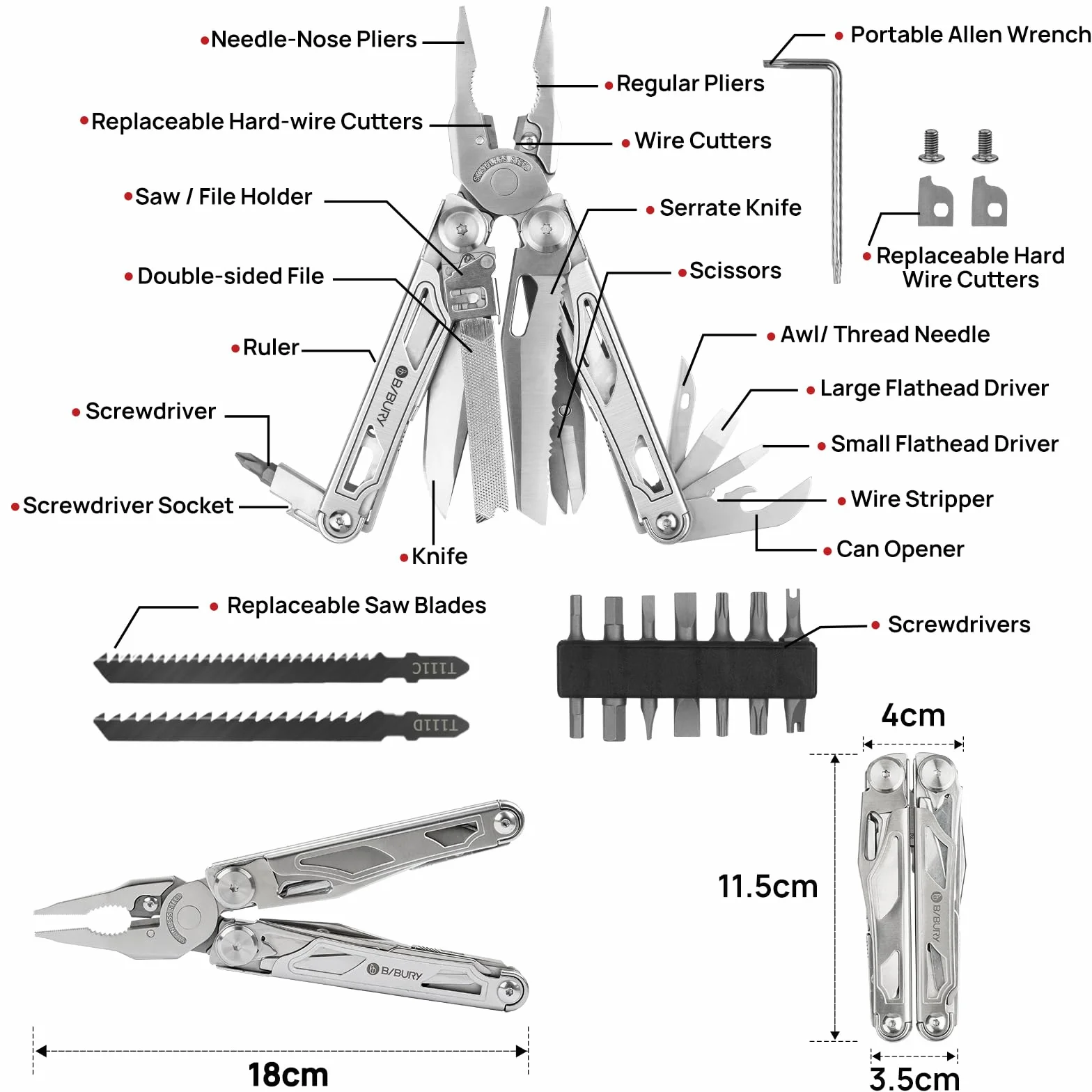 BIBURY Pinza Multiuso Multifunzione in Acciaio Inox Multitool con Forbici e Seghe Sostituibili