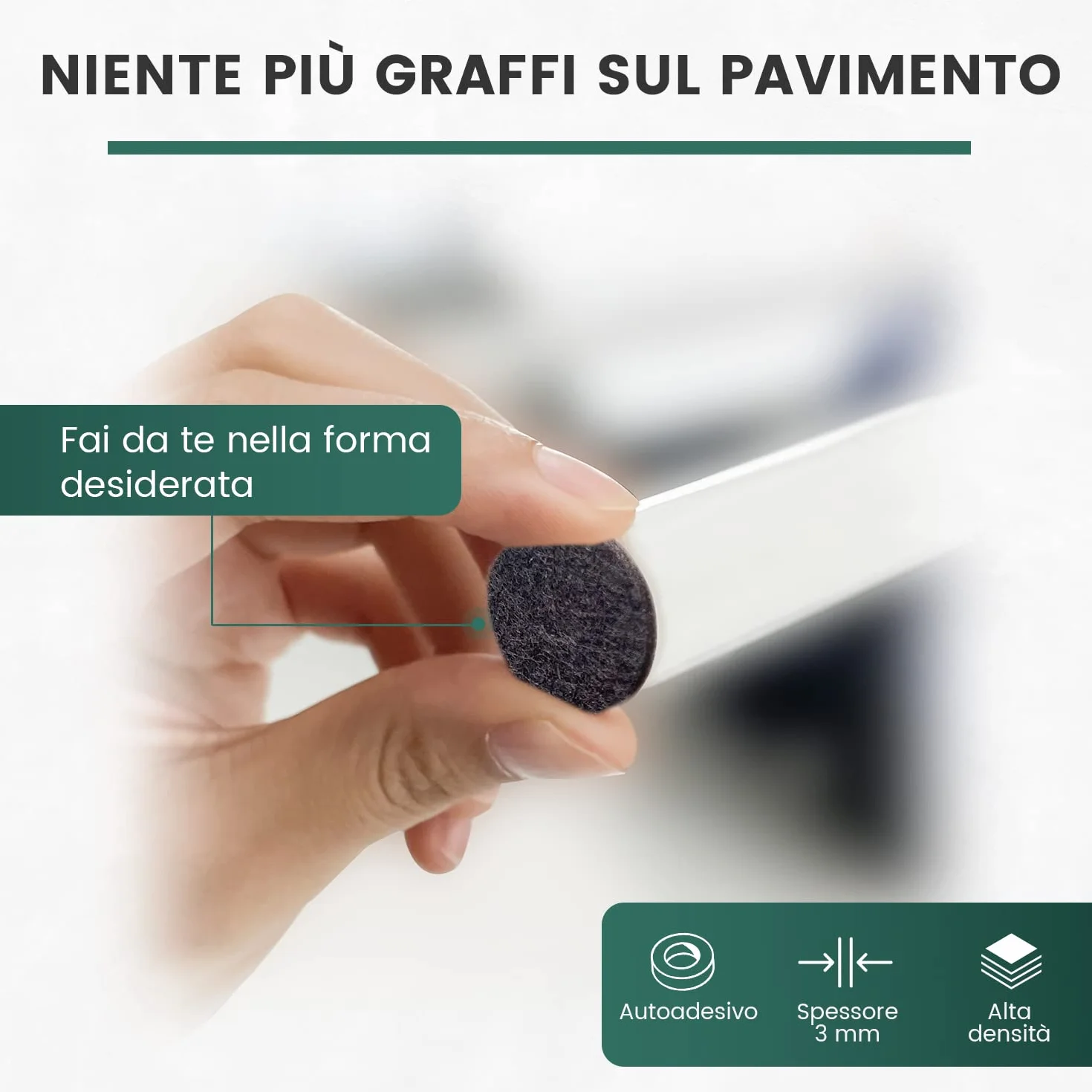 60 Feltrini Adesivi per Mobili Sedie, Piedini in Feltro Rotondi Quadrati, 3mm Antiscivolo