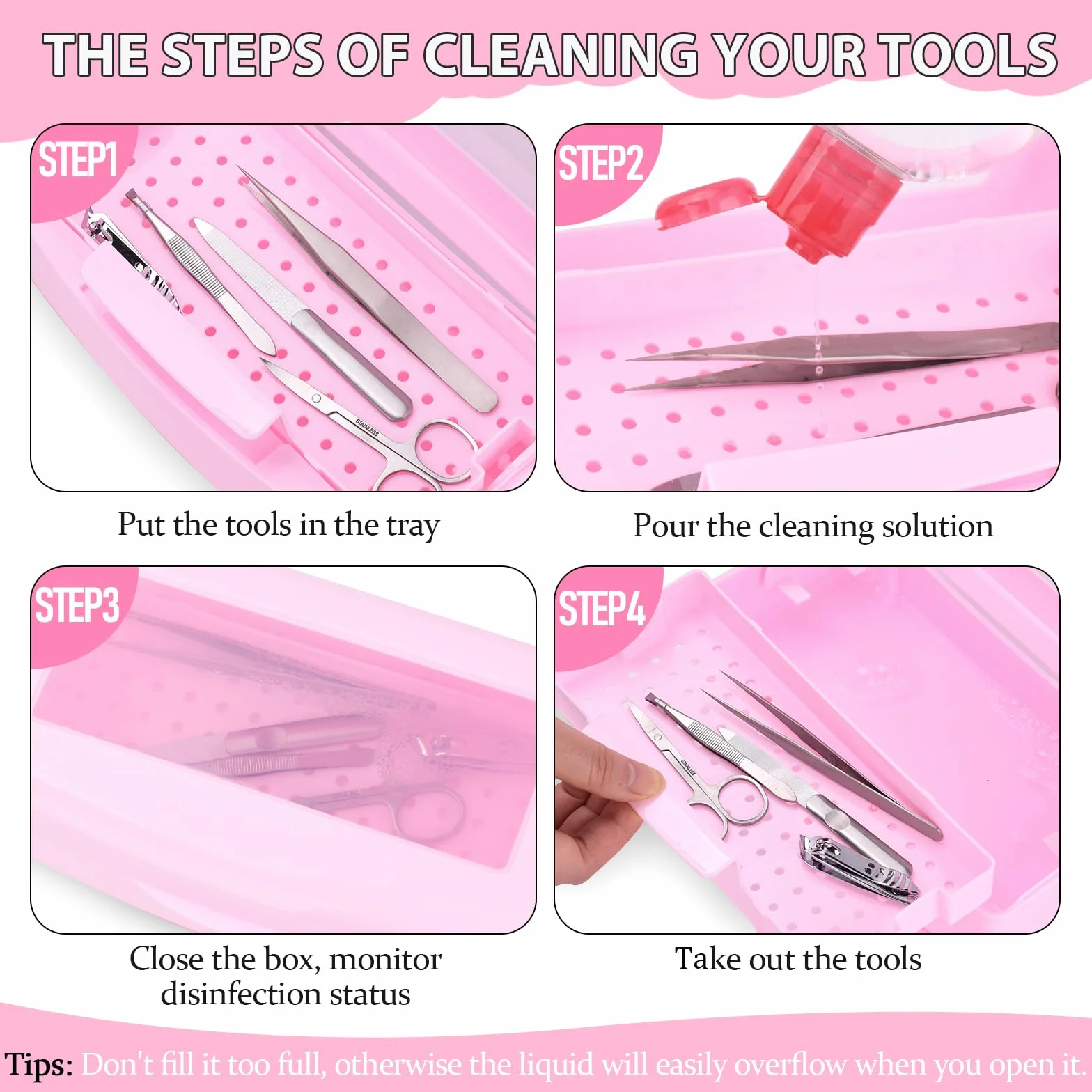 ATOMUS Scatola sterilizzatrice per unghie, vassoio in plastica per sterilizzazione, organizer per pinzette, extension per ciglia, strumenti per l'applicazione delle unghie (rosa)
