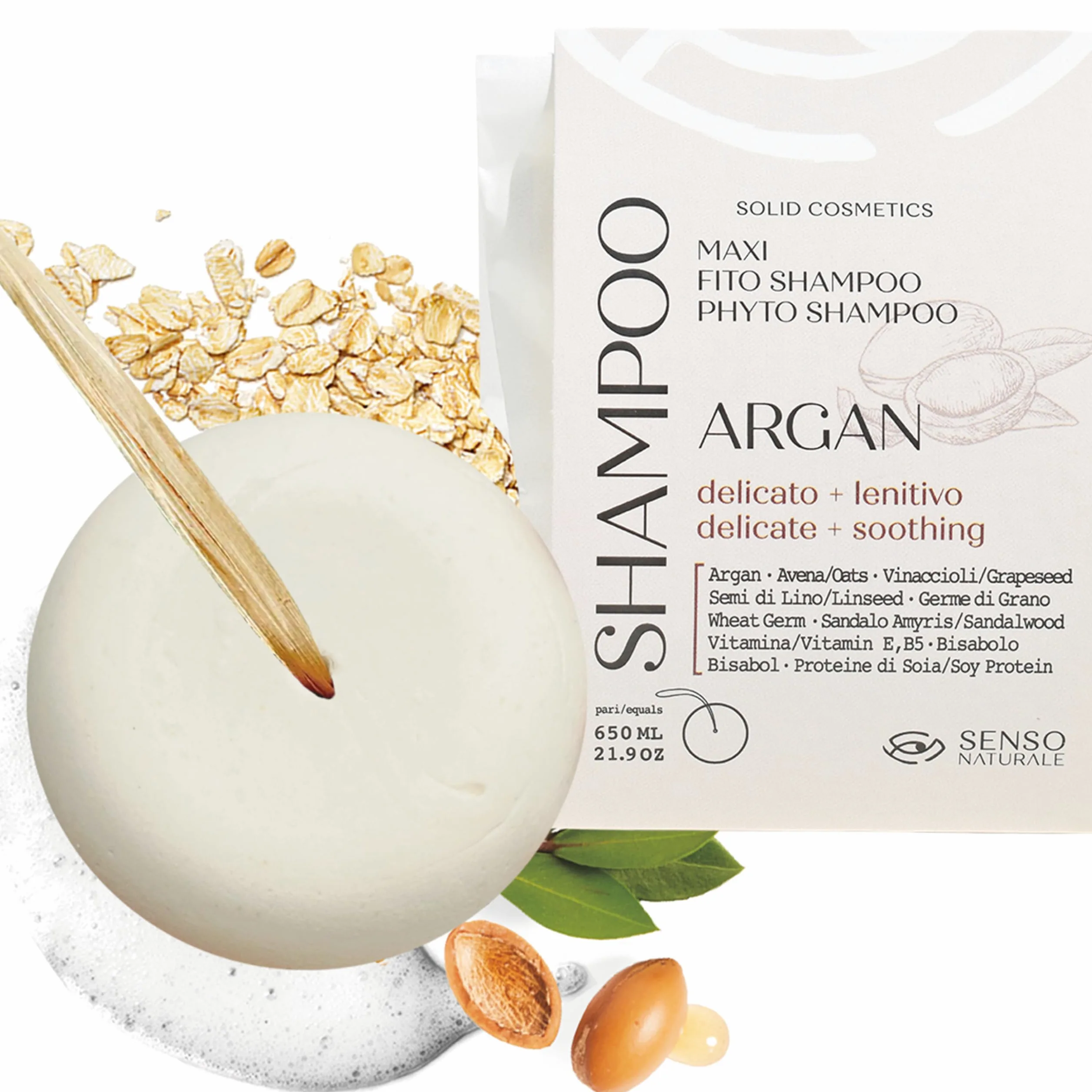 Senso Naturale Shampoo Solido Lenitivo per Cute Sensibile, Shampoo Delicato per Lavaggi Frequenti con Olio di Argan e Avena | 100% Ecologico, Naturale e Vegano (3)