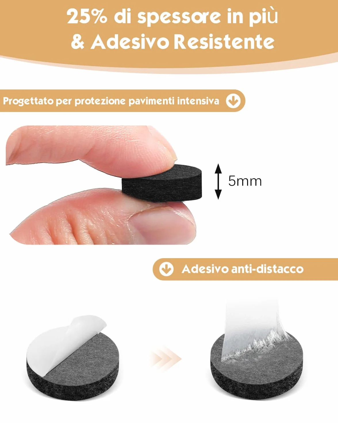 VABNEER 108 Pezzi 15mm Feltrini Sedie Rotondi, Spessore 5mm - Feltro Adesivo per Gambe di Sedie e Mobili, Protezione Pavimenti