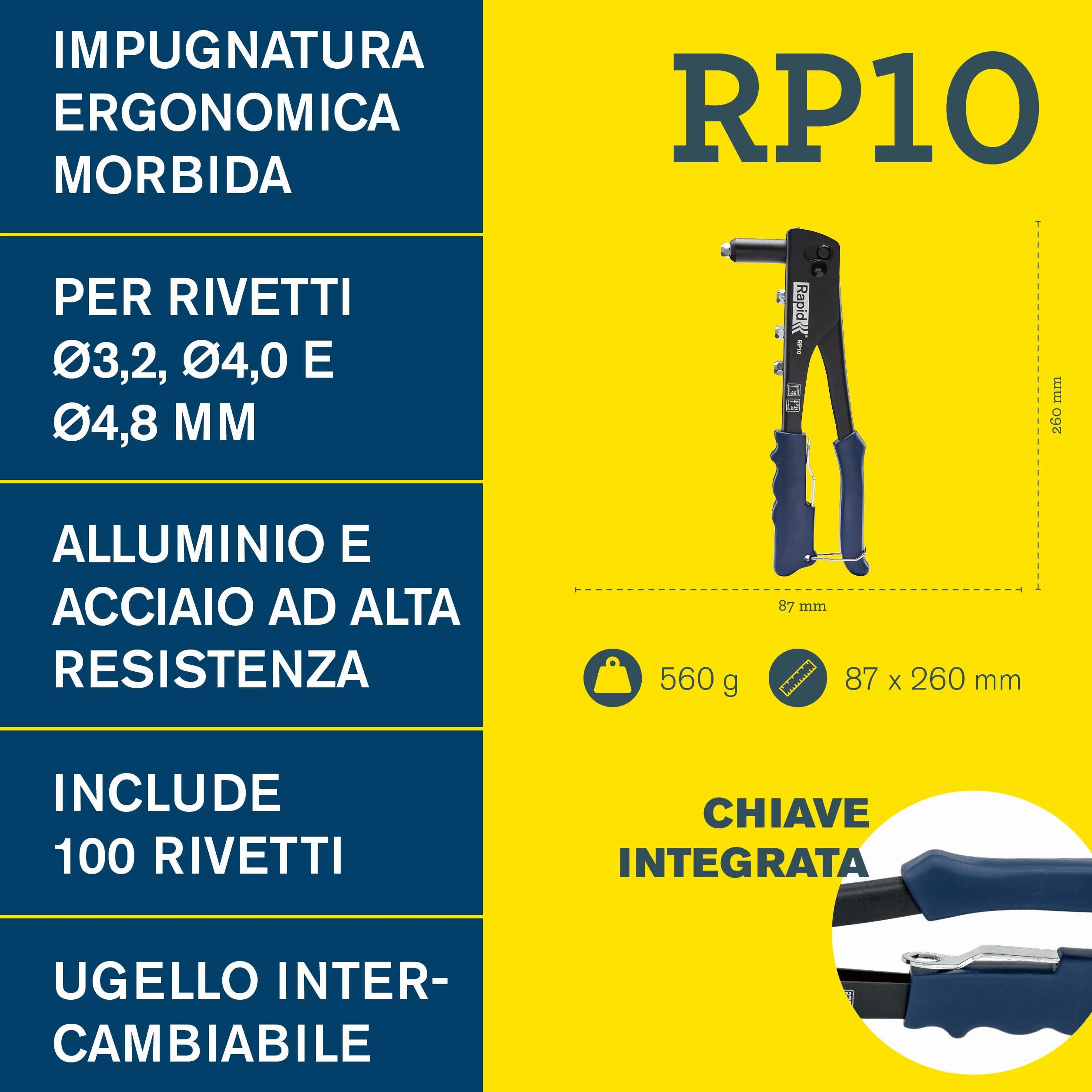 Rapid RP10 Kit Rivettatrice Manuale con 100 Rivetti Alluminio 3.2-4.8mm Impugnatura Morbida