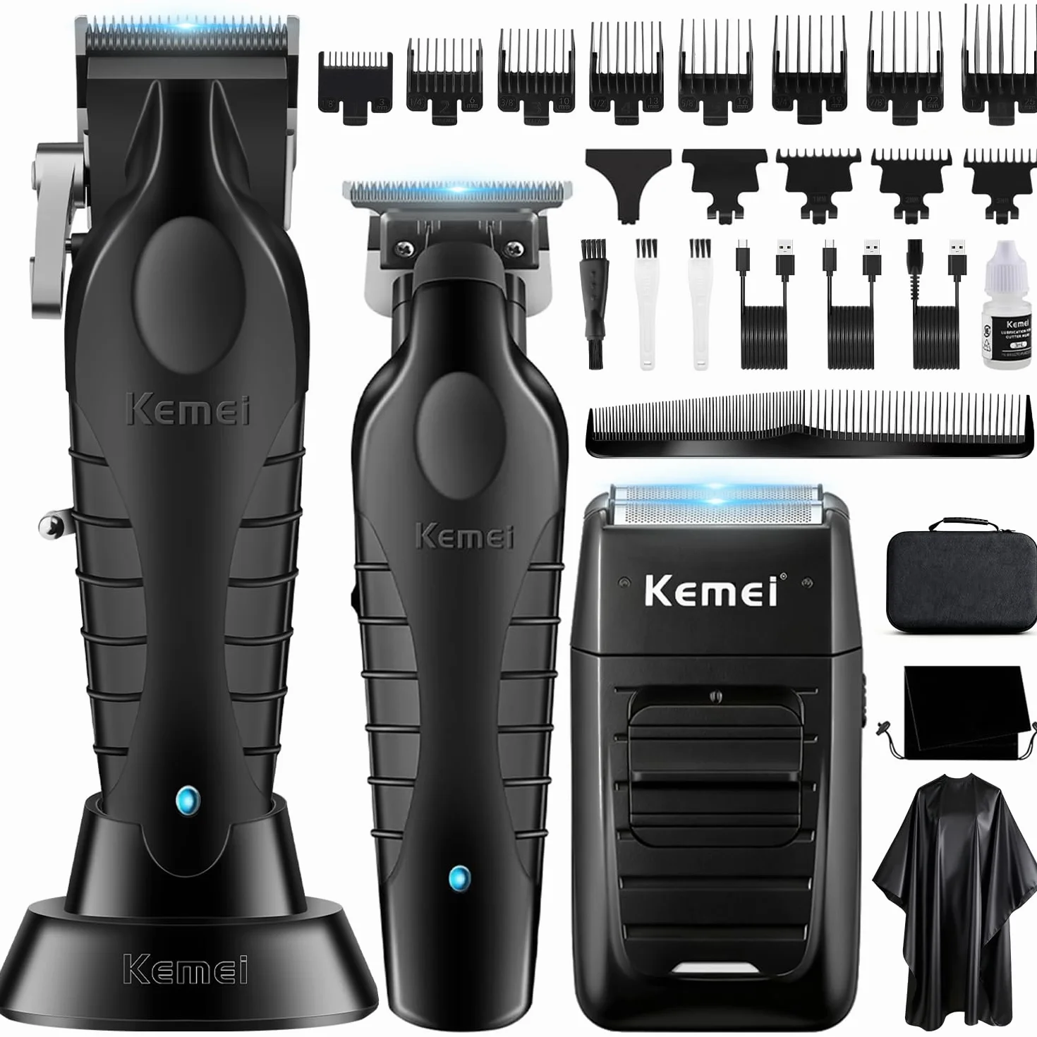 KEMEI Tagliacapelli Uomo Professionale, Macchinetta per Capelli Senza Fili, Regolabarba con Lama a T, Rasoio a Lamina, Kit per Rasatura e Taglio di Capelli Elettrico con 11 Pettini Guida