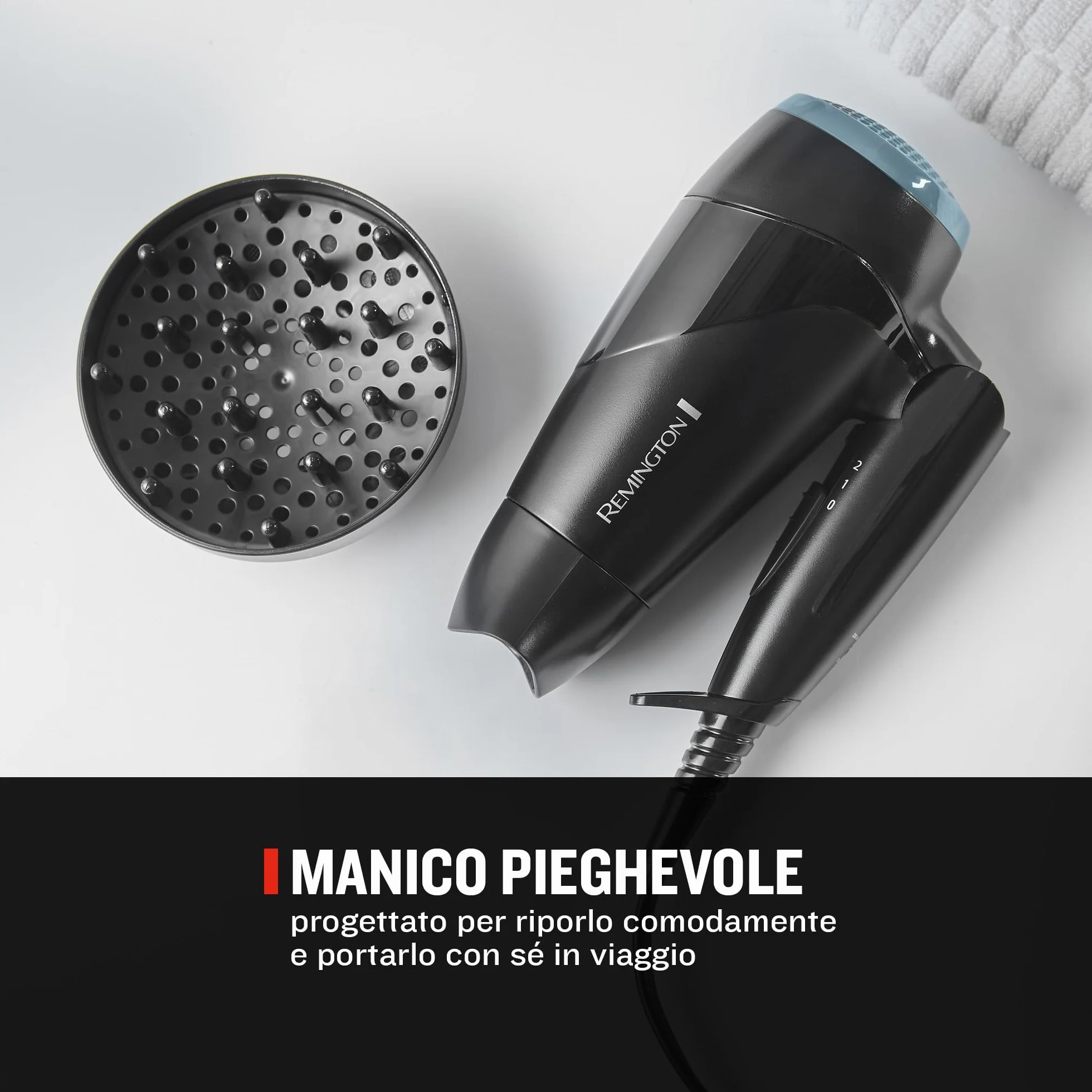 Remington Asciugacapelli 2000W - Pieghevole e Potente - Asciugacapelli da Viaggio, Bacchetta e Diffusore per styling, 2 livelli di riscaldamento e ventola, On The Go D1500