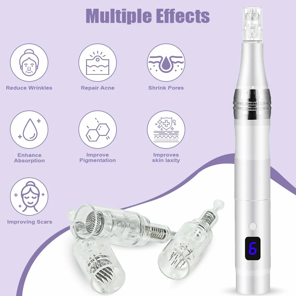 Vicloon Elettrico Dermapen Microneedling Professionale, Derma Penna con Schermo LCD e 6 Livelli incl. 12 pezzi Cartucce, Regolabile 0-2,5 mm (Argento)