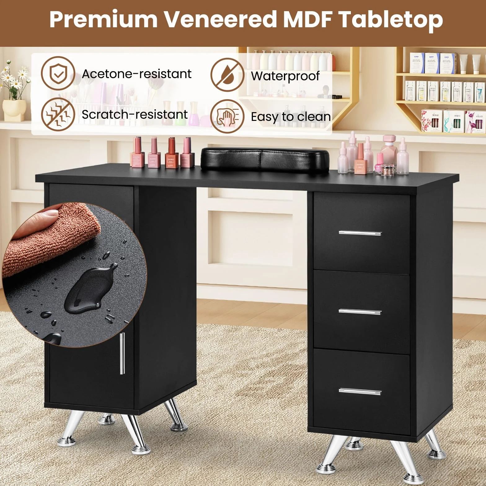 HOMASIS Tavolo per Manicure in Legno, Scrivania per Unghie con 3 Cassetti, 2 Armadietti, Poggiapolsi Rimovibile, Tavolo da Nail Art con Piedini Metallici per Salone di Bellezza, Trucco (Nero)