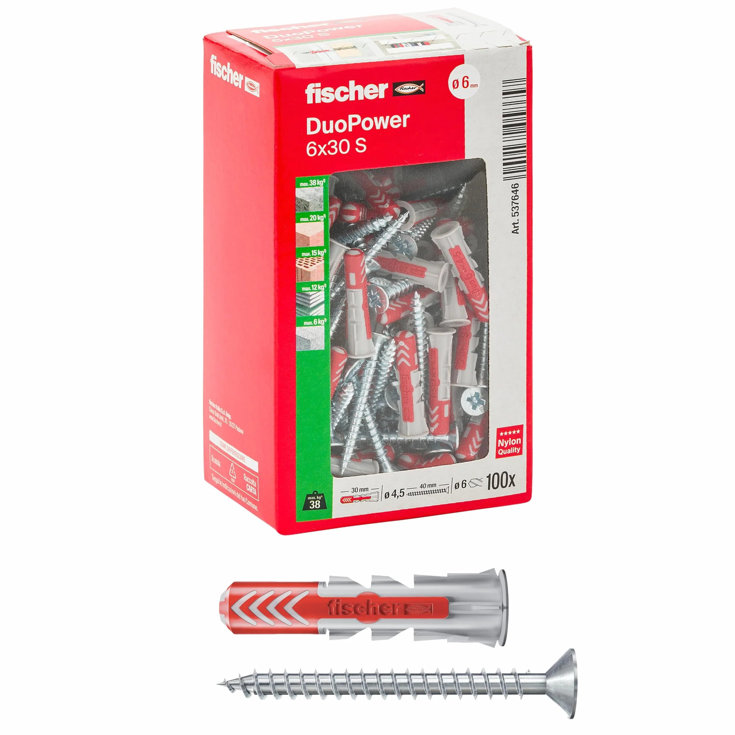 Fischer DuoPower Tasselli con Vite 6x30 mm 100 pezzi per Muro pieno Mattone Forato Cartongesso