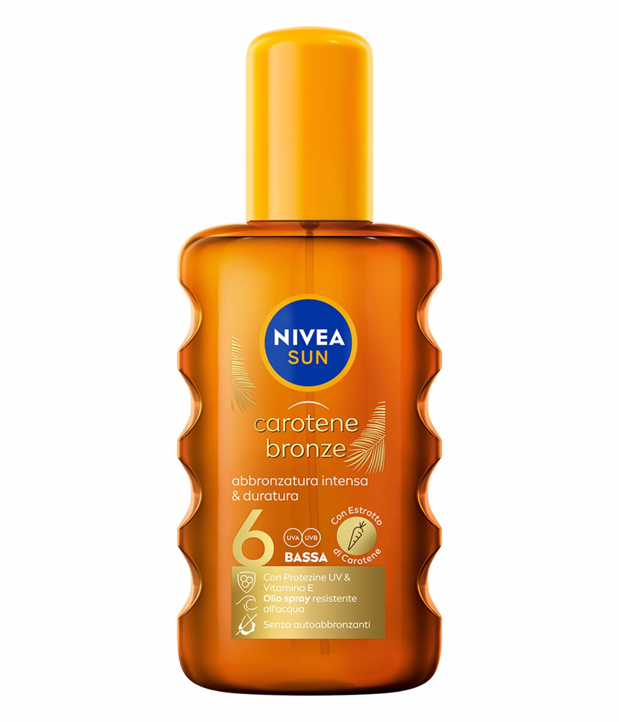 NIVEA SUN Carotene Bronze Olio Solare Abbronzante SPF 6 200 ml, Olio abbronzante con protezione solare, Spray solare con Estratto di Carotene e Vitamina E, Resistente all'acqua, Senza autoabbronzanti