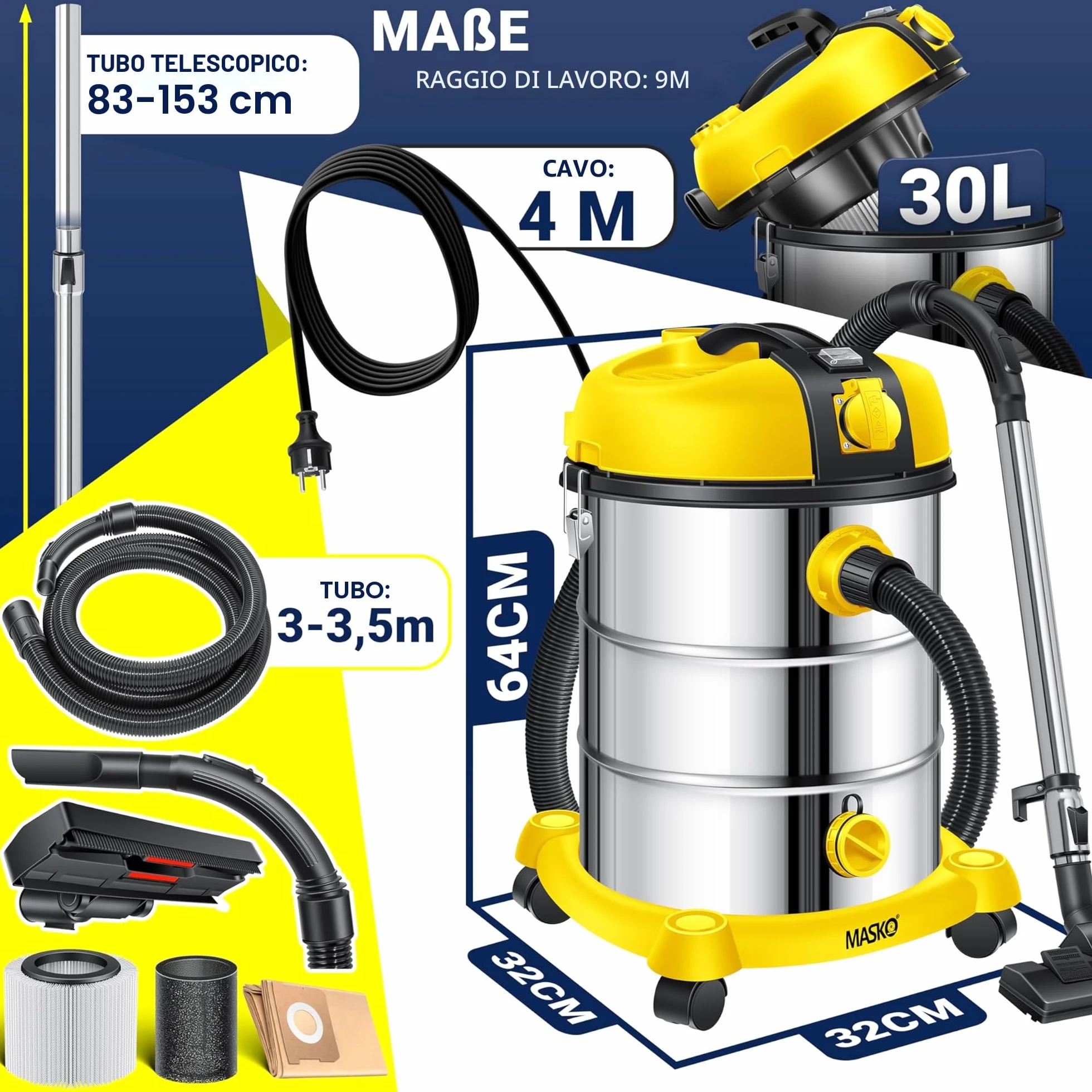 Masko Aspirapolvere industriale acciaio inox 2300 W presa corrente aspirazione secco umido soffiaggio Push&Clean Giallo